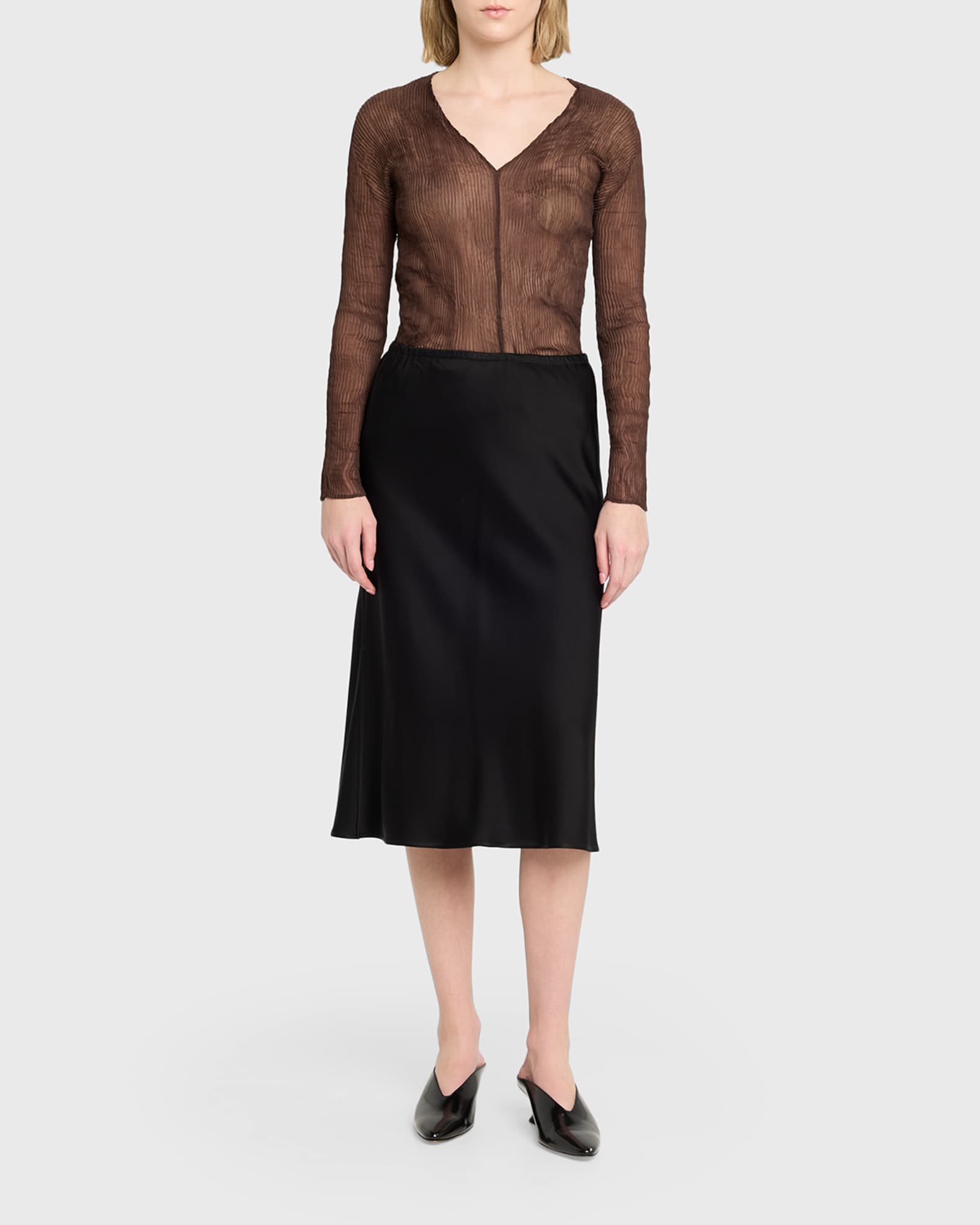 ISSEY MIYAKEのブラウス Issey Miyake Long-Sleeve Sheer Pleated V-Neck Shirt | Neiman Marcus