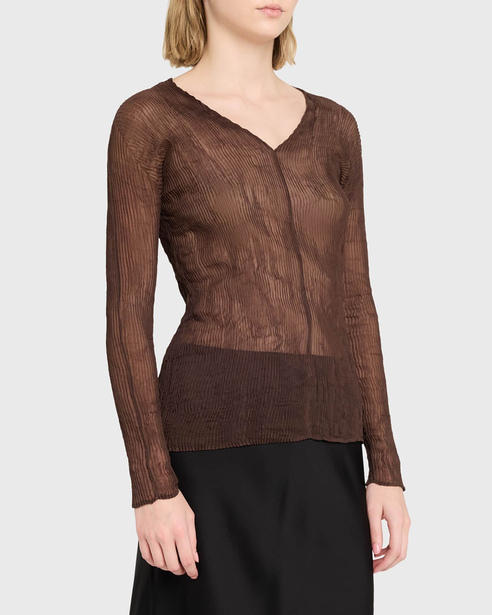 完売品　SHEER SLEEVE PLEATS KNIT Issey Miyake Chiffon Twist 1 Pleated high-neck Sheer Top | Brown