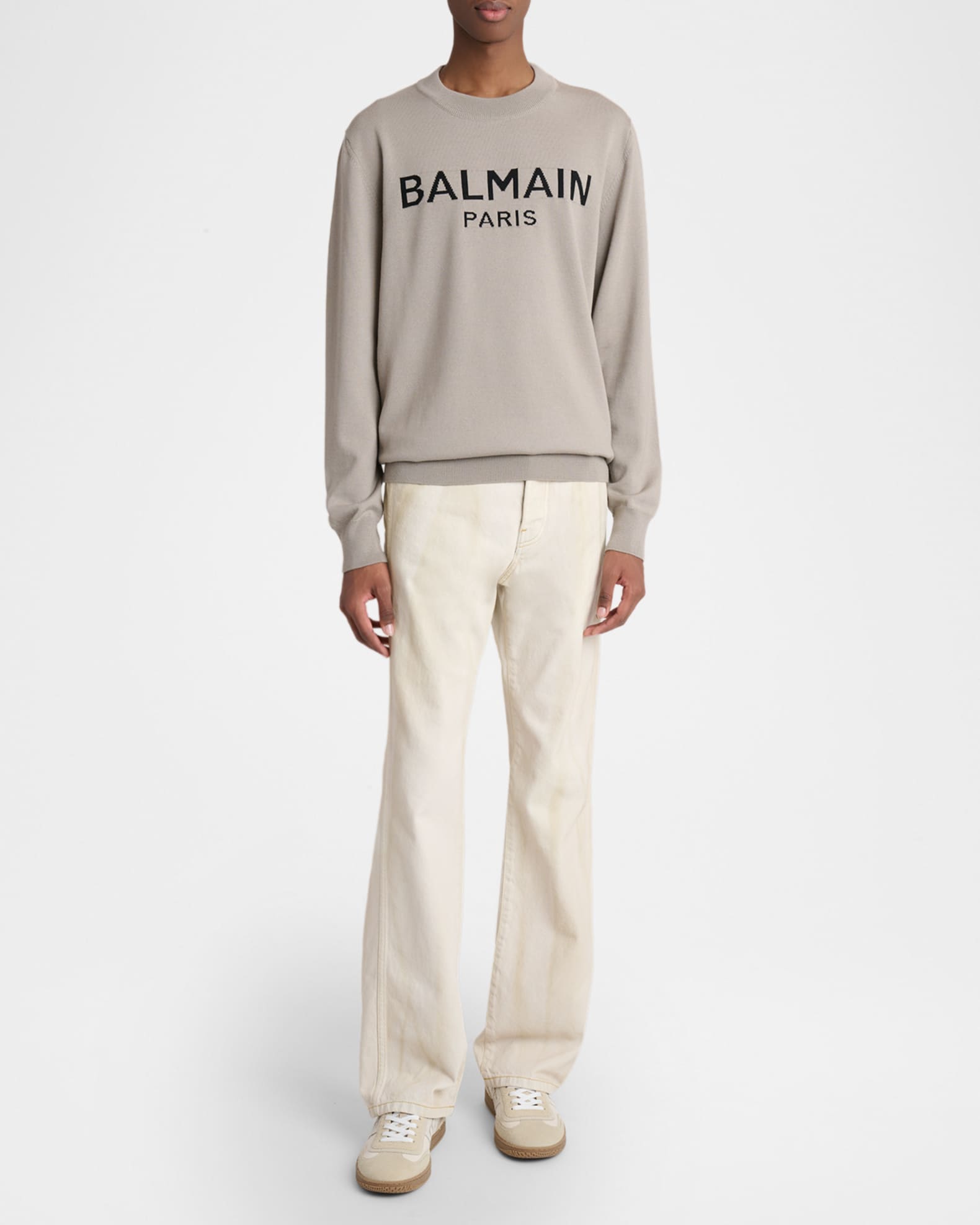 Balmain Men's Wool Intarsia Logo Crewneck Sweater | Neiman Marcus