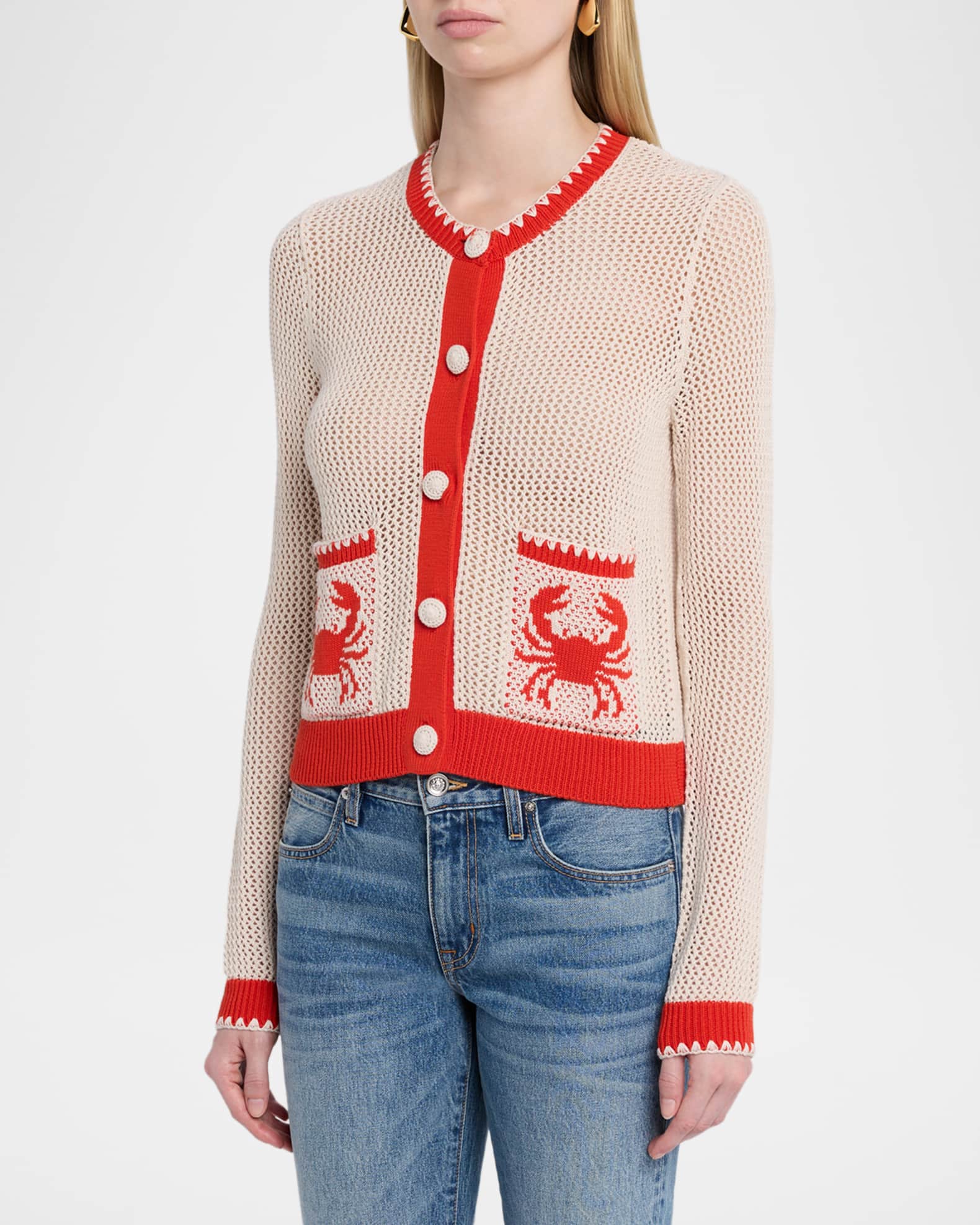 Autumn Cashmere Crab Intarsia Mesh-Knit Cardigan | Neiman Marcus