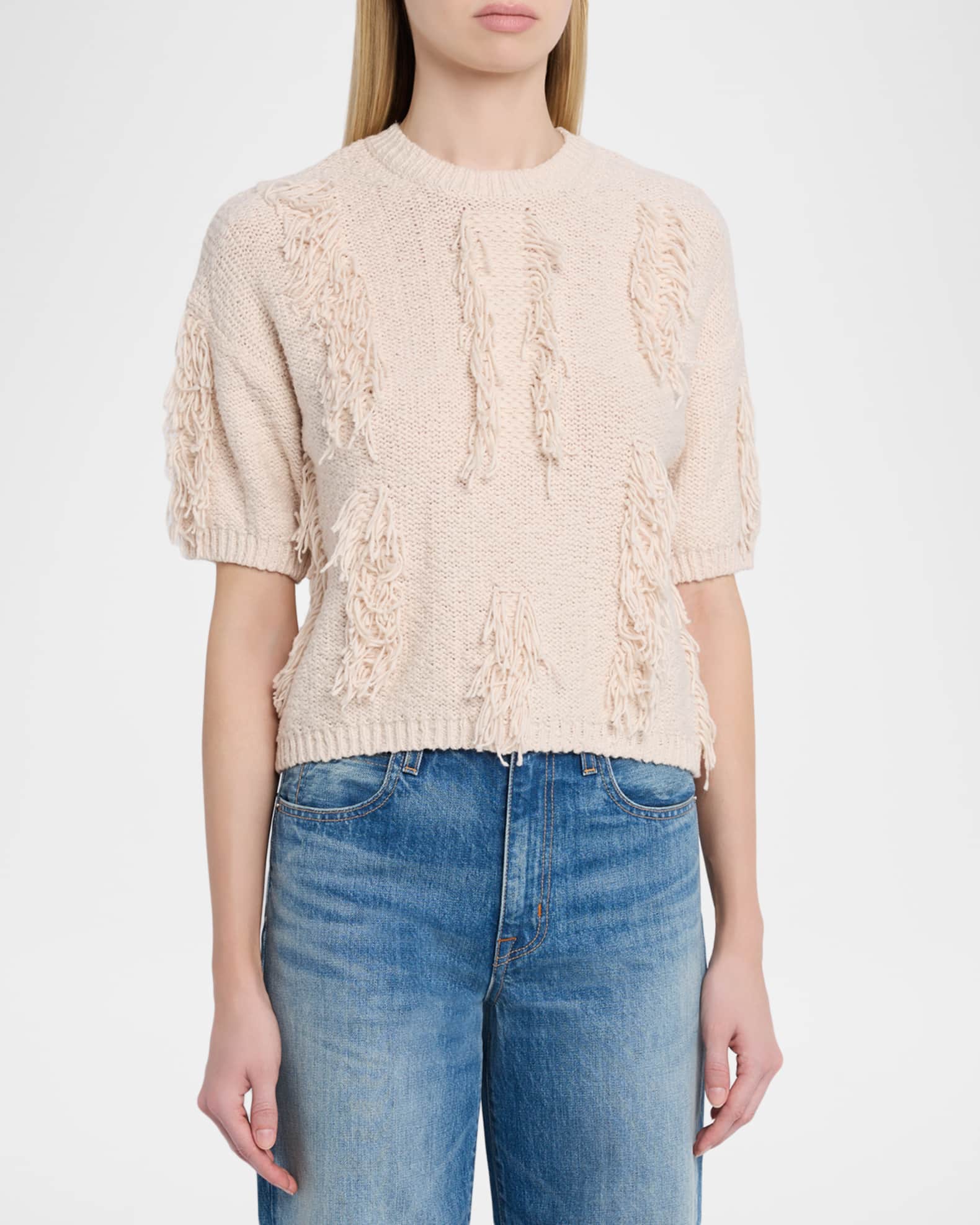Autumn Cashmere Short-Sleeve Fringe Cotton Sweater | Neiman Marcus
