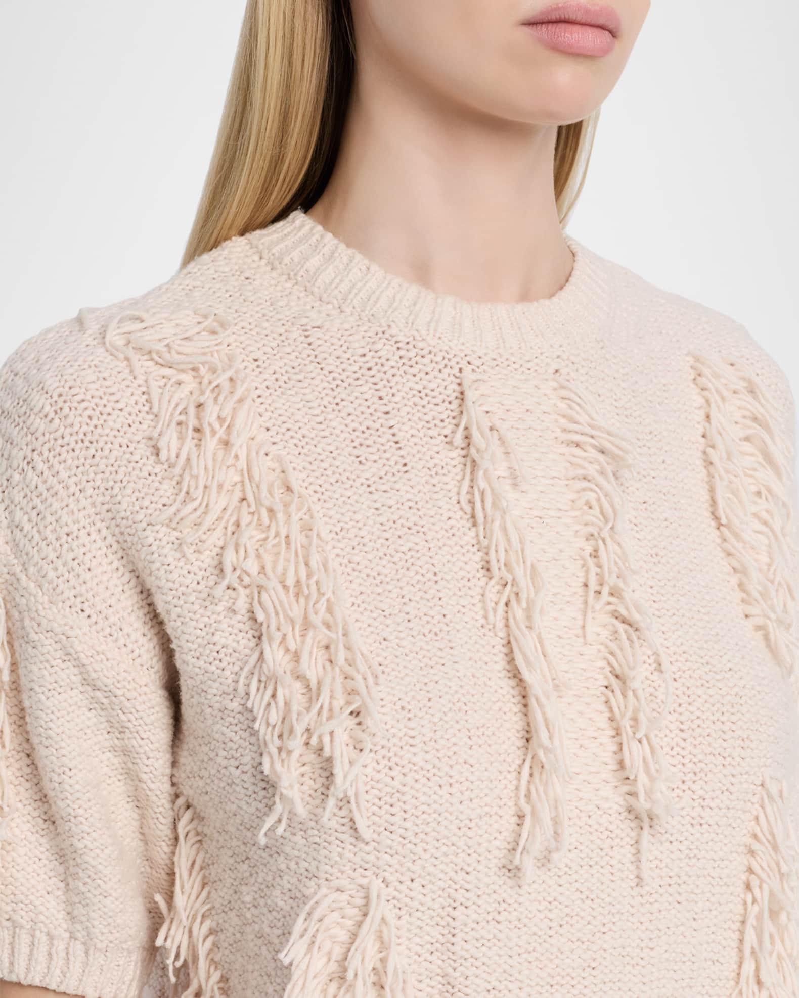 Autumn Cashmere Short-Sleeve Fringe Cotton Sweater | Neiman Marcus