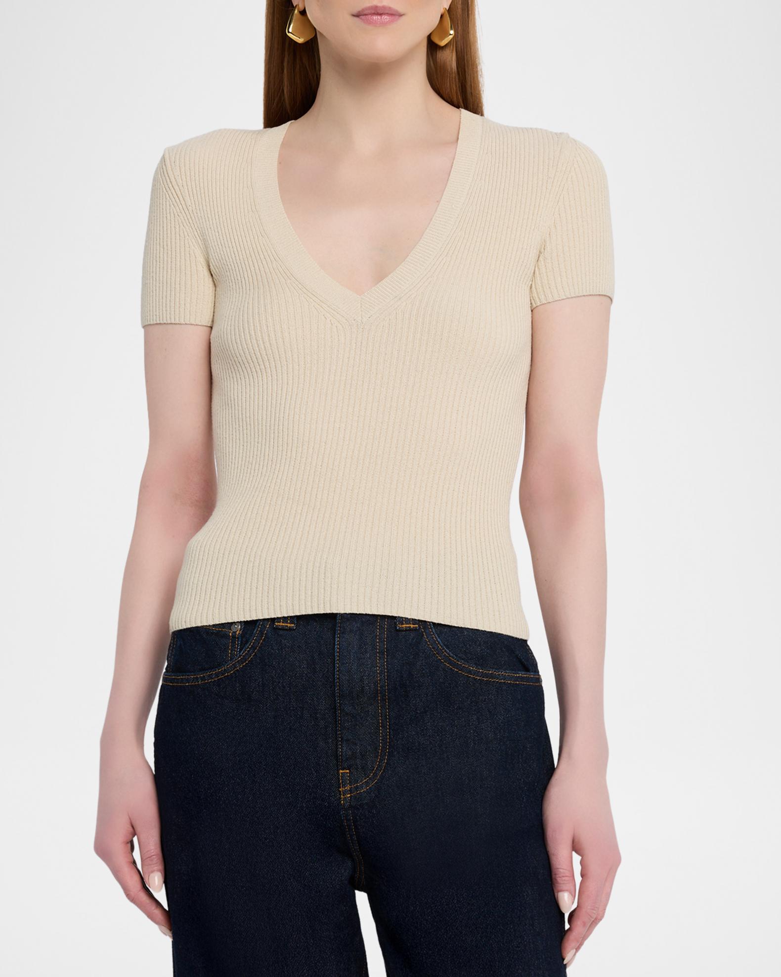 Nili Lotan Italia Cotton-Silk Rib Short-Sleeve V-Neck Sweater