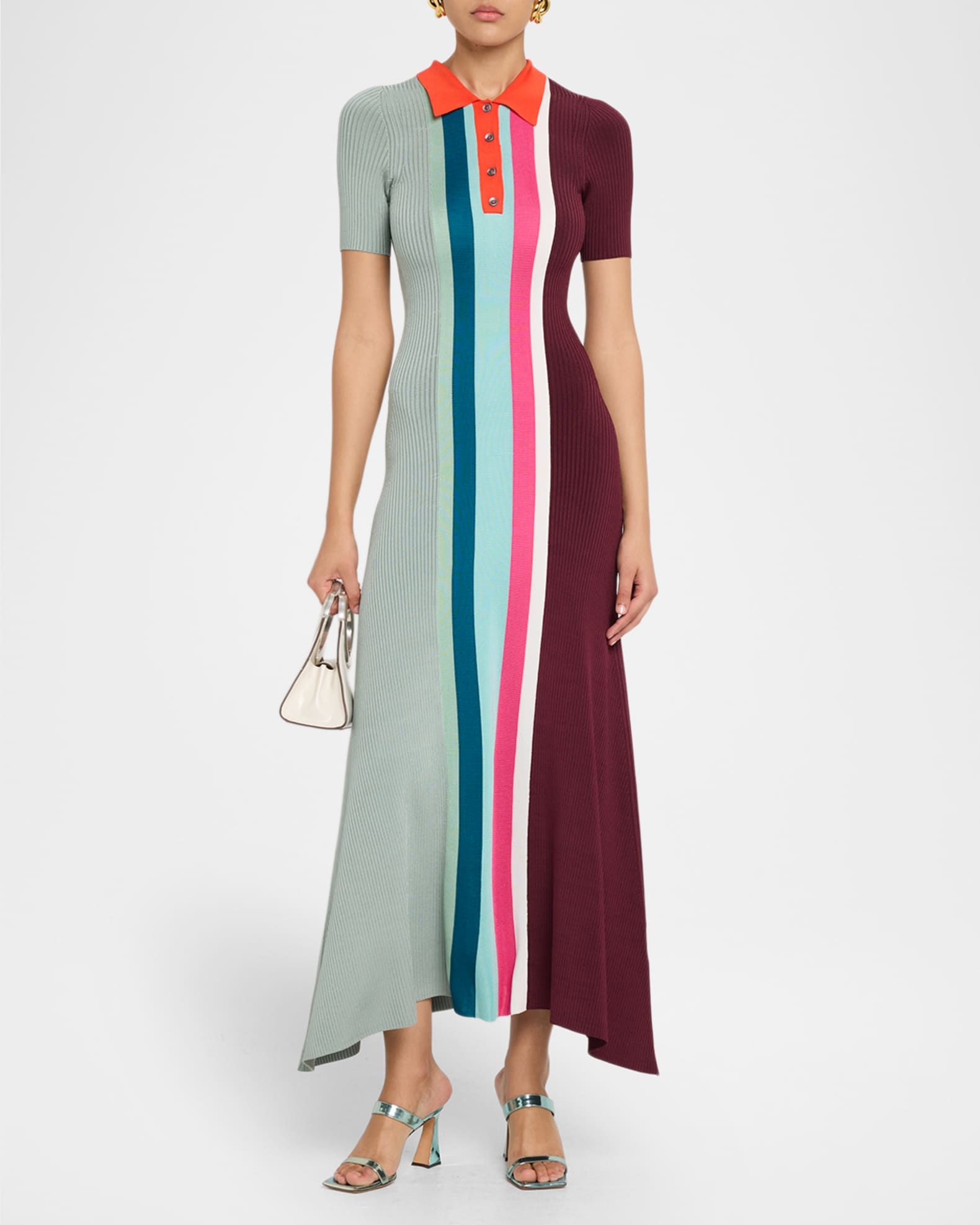 Christopher John Rogers Bowling Colorblock Knit Midi Polo Dress, Sage Multi, Women's, S, Casual & Work Dresses Knit Dresses