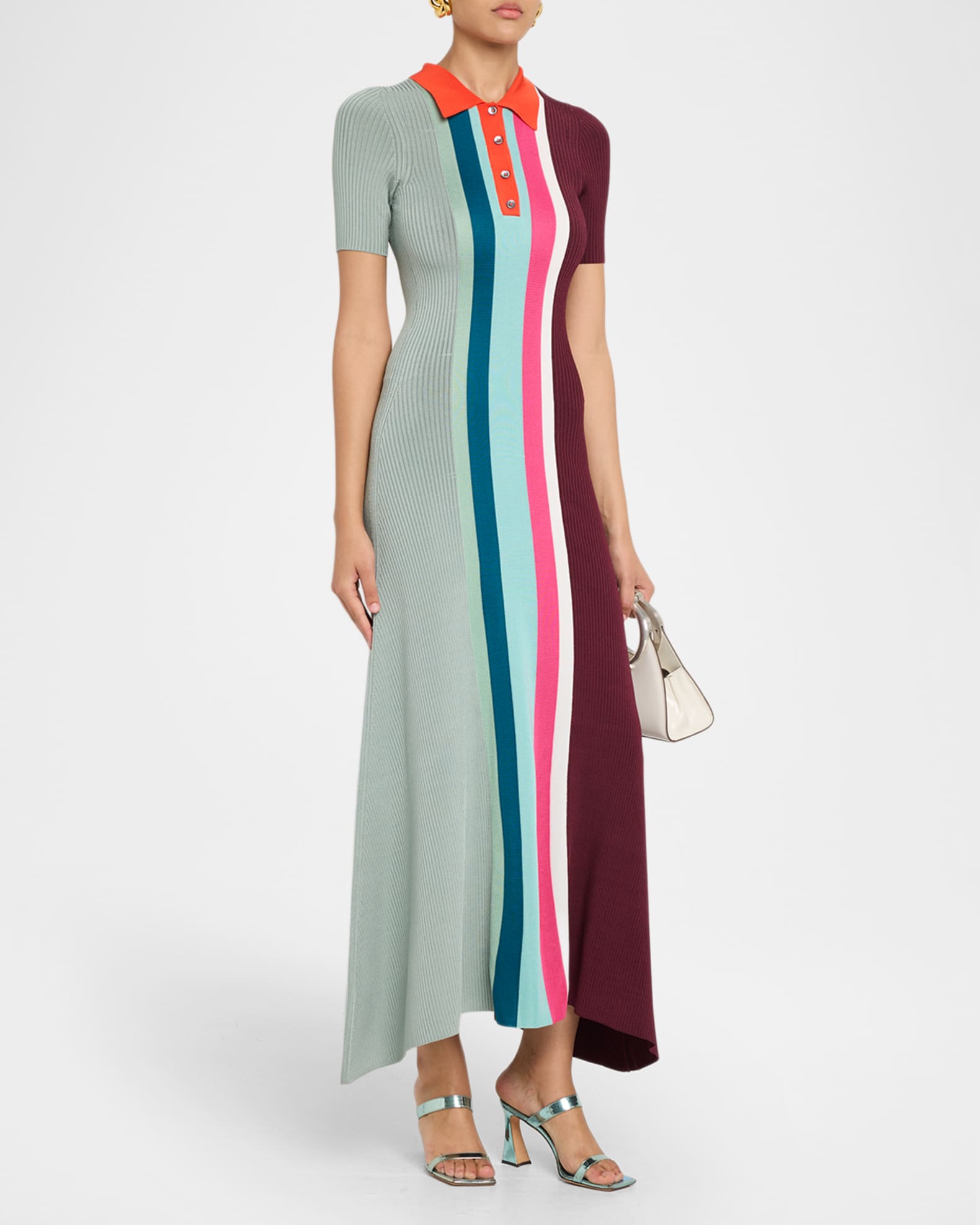 Christopher John Rogers Bowling Colorblock Knit Midi Polo Dress, Sage Multi, Women's, S, Casual & Work Dresses Knit Dresses