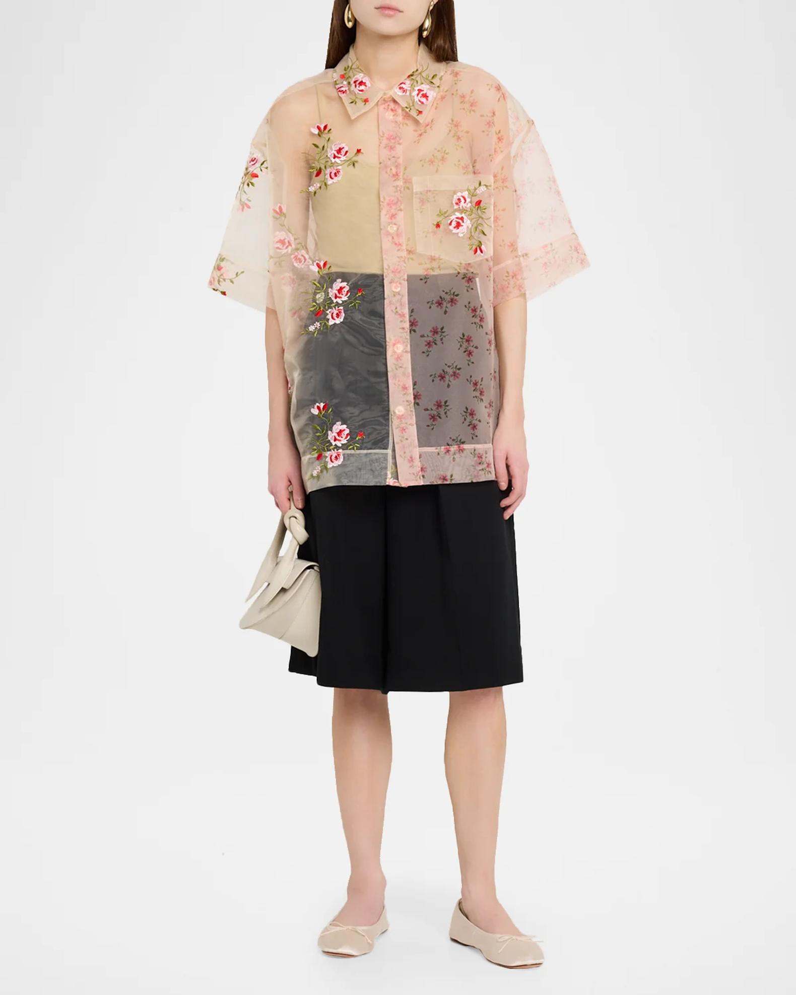 Simone Rocha Sheer Floral Embroidered Short-Sleeve Shirt | Neiman