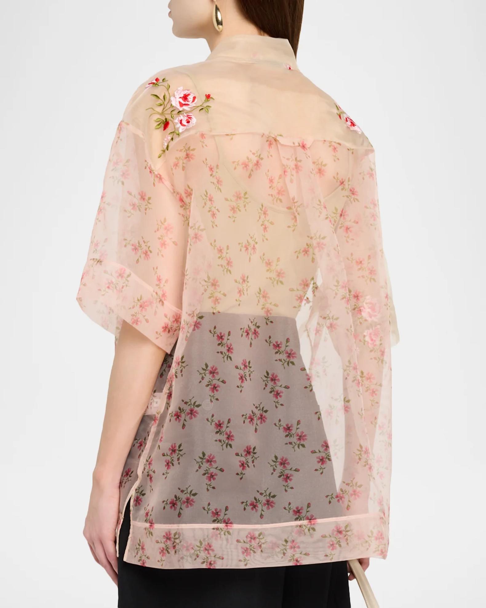 Simone Rocha Sheer Floral Embroidered Short-Sleeve Shirt | Neiman