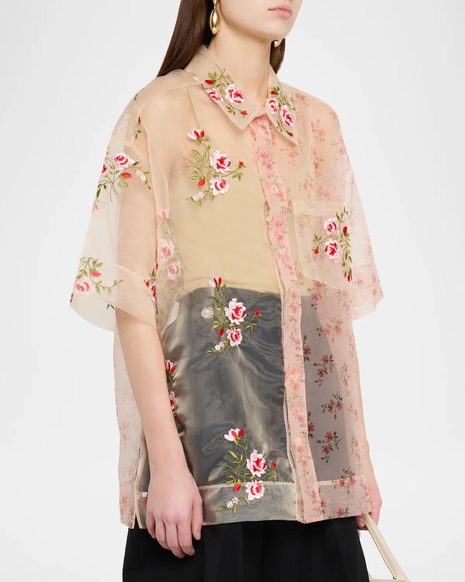 Simone Rocha Sheer Floral Embroidered Short-Sleeve Shirt | Neiman