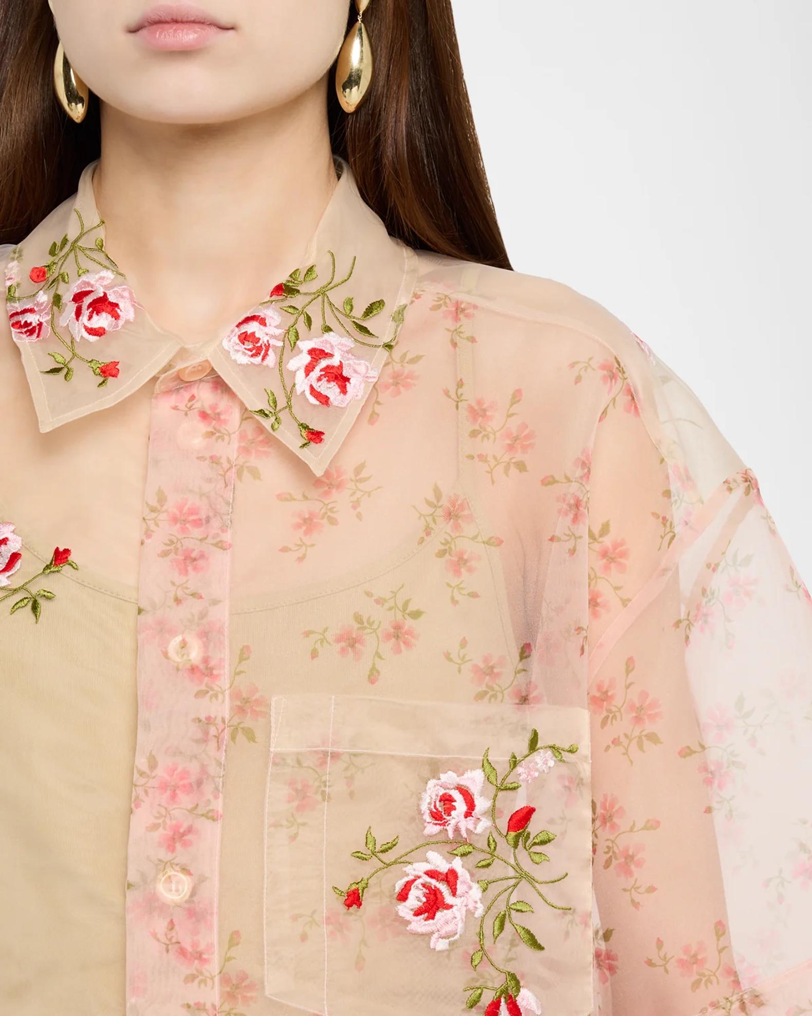 Simone Rocha Sheer Floral Embroidered Short-Sleeve Shirt | Neiman