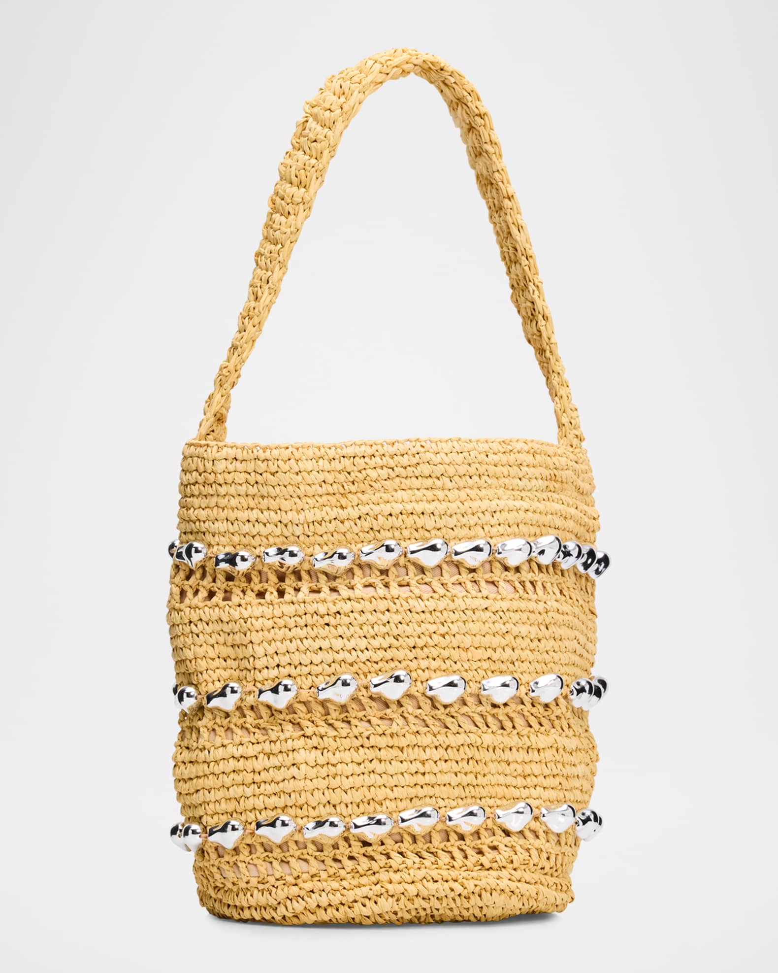 BTB Los Angeles Atlas Metallic-Embellished Raffia Bucket Bag