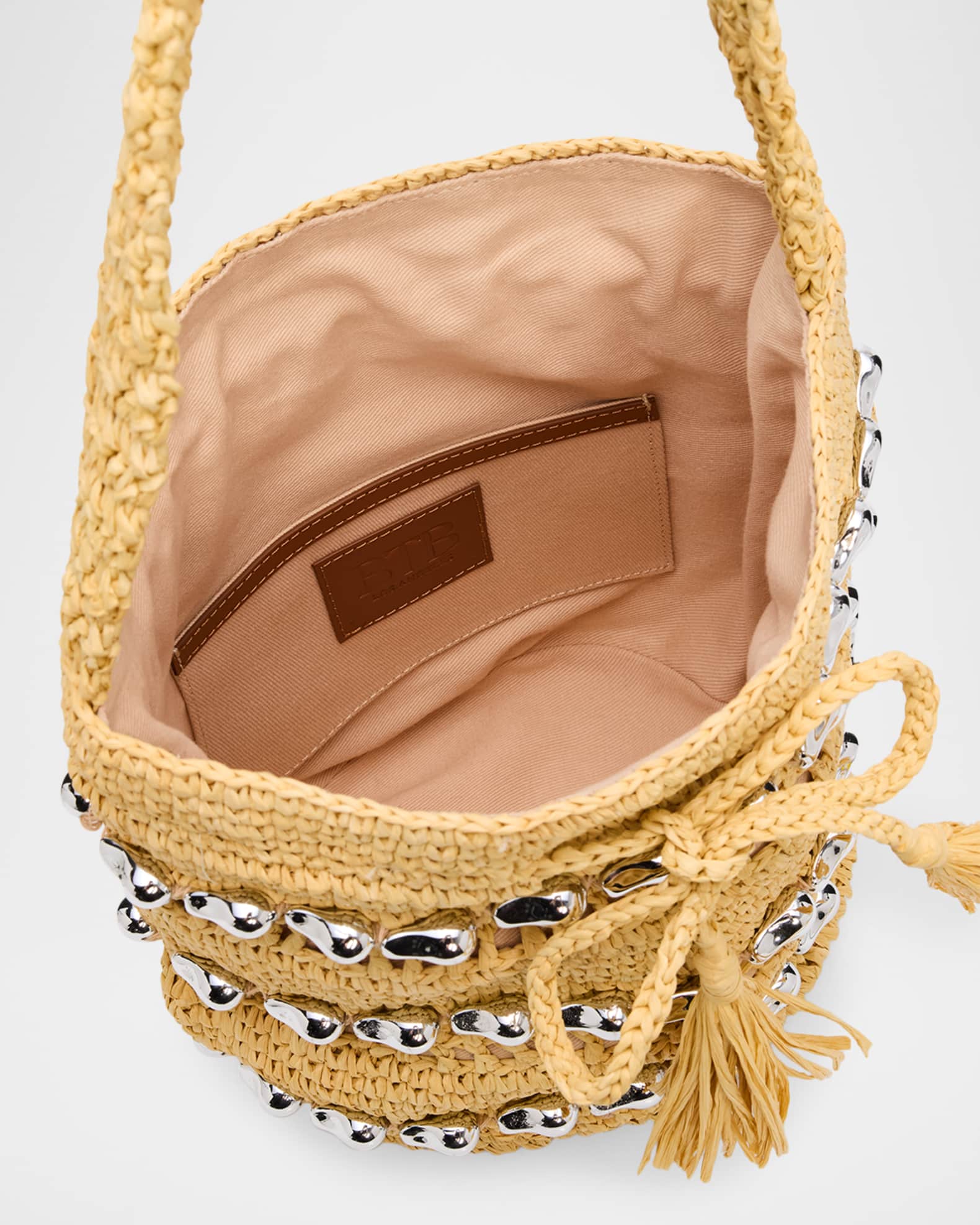 BTB Los Angeles Atlas Metallic-Embellished Raffia Bucket Bag