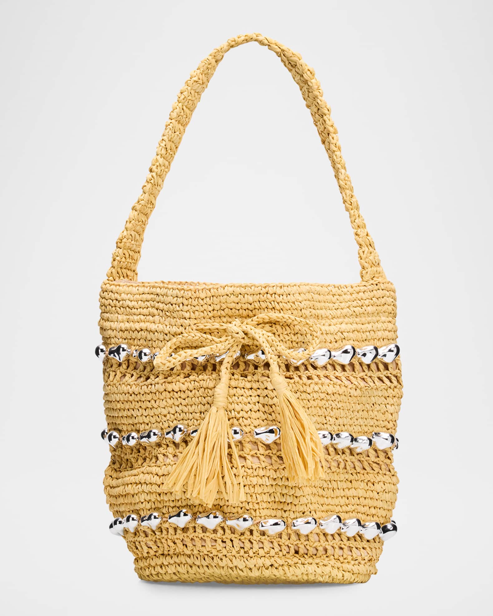 BTB Los Angeles Atlas Metallic-Embellished Raffia Bucket Bag