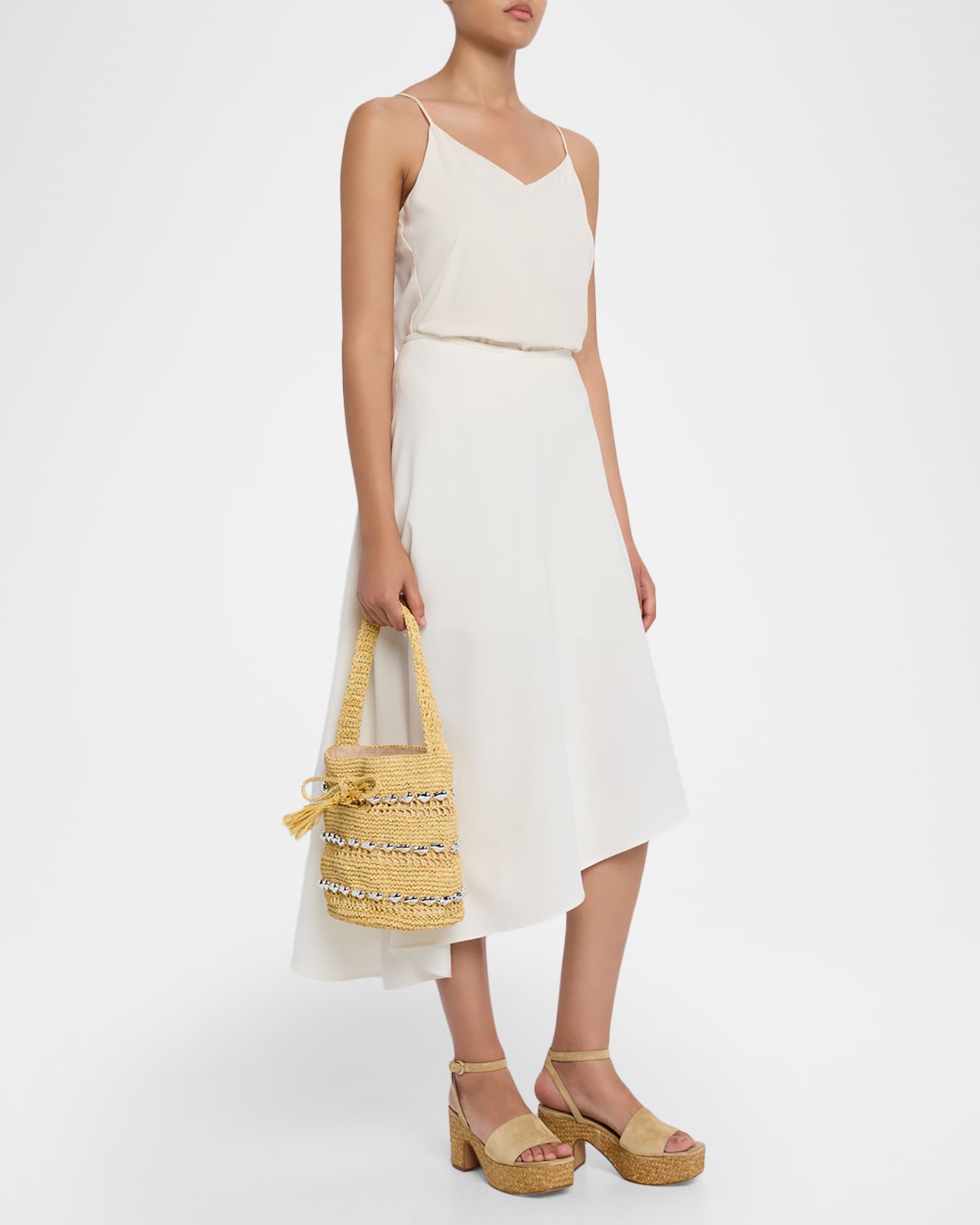 BTB Los Angeles Atlas Metallic-Embellished Raffia Bucket Bag