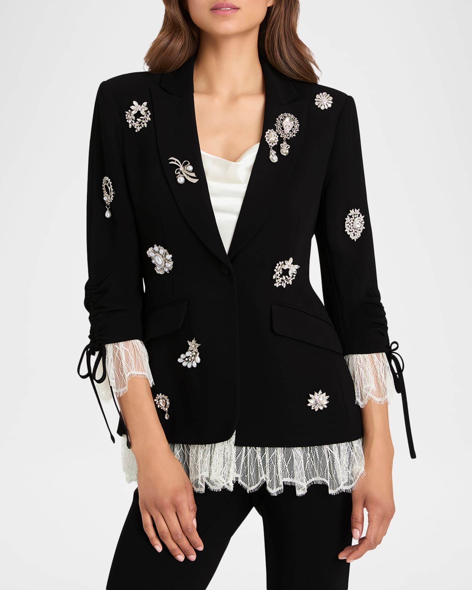 BLAZE衣装 Cinq a Sept Roxie Crystal Brooch Blazer with Lace Trim | Neiman Marcus