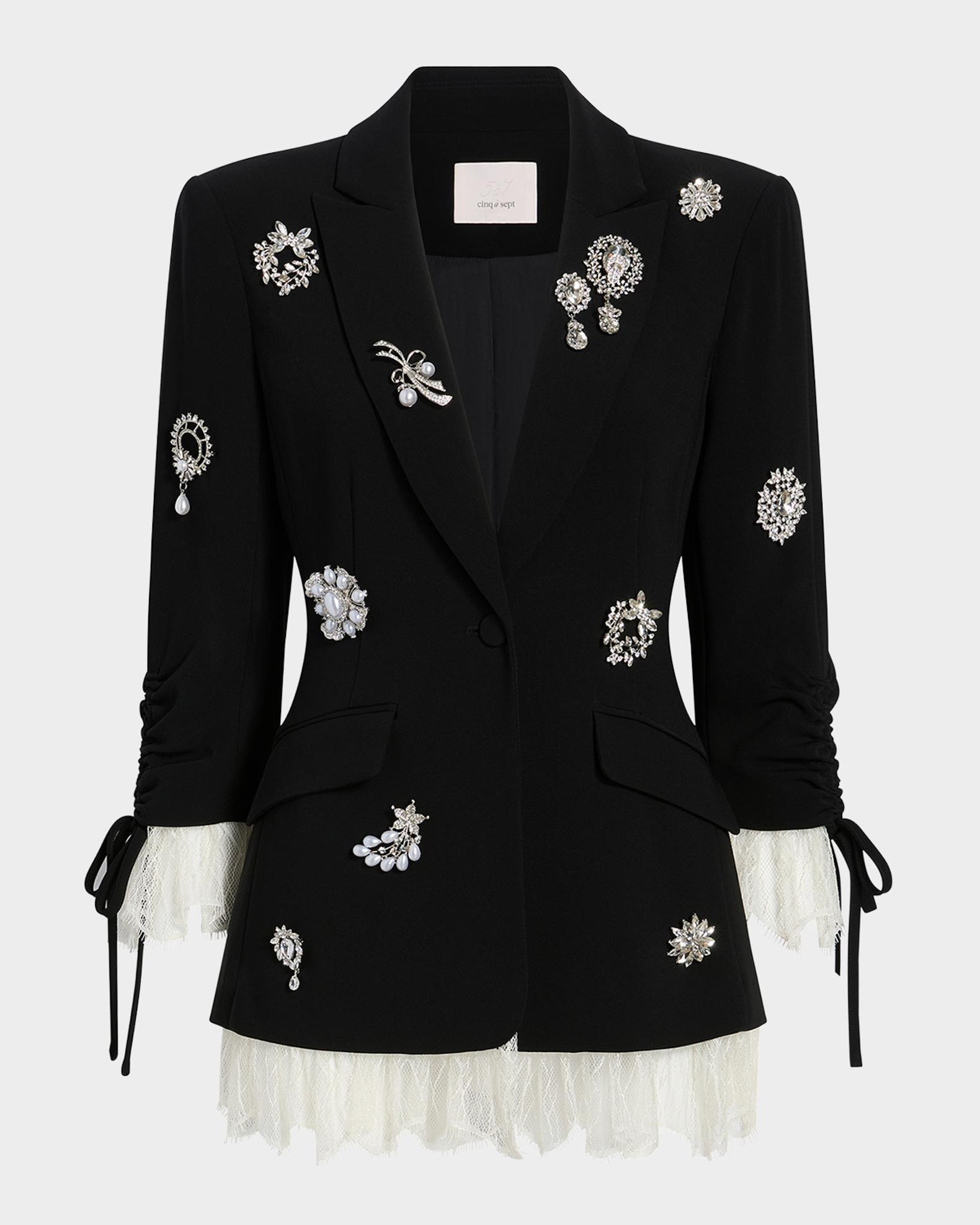 Cinq a Sept Roxie Crystal Brooch Blazer with Lace Trim | Neiman Marcus