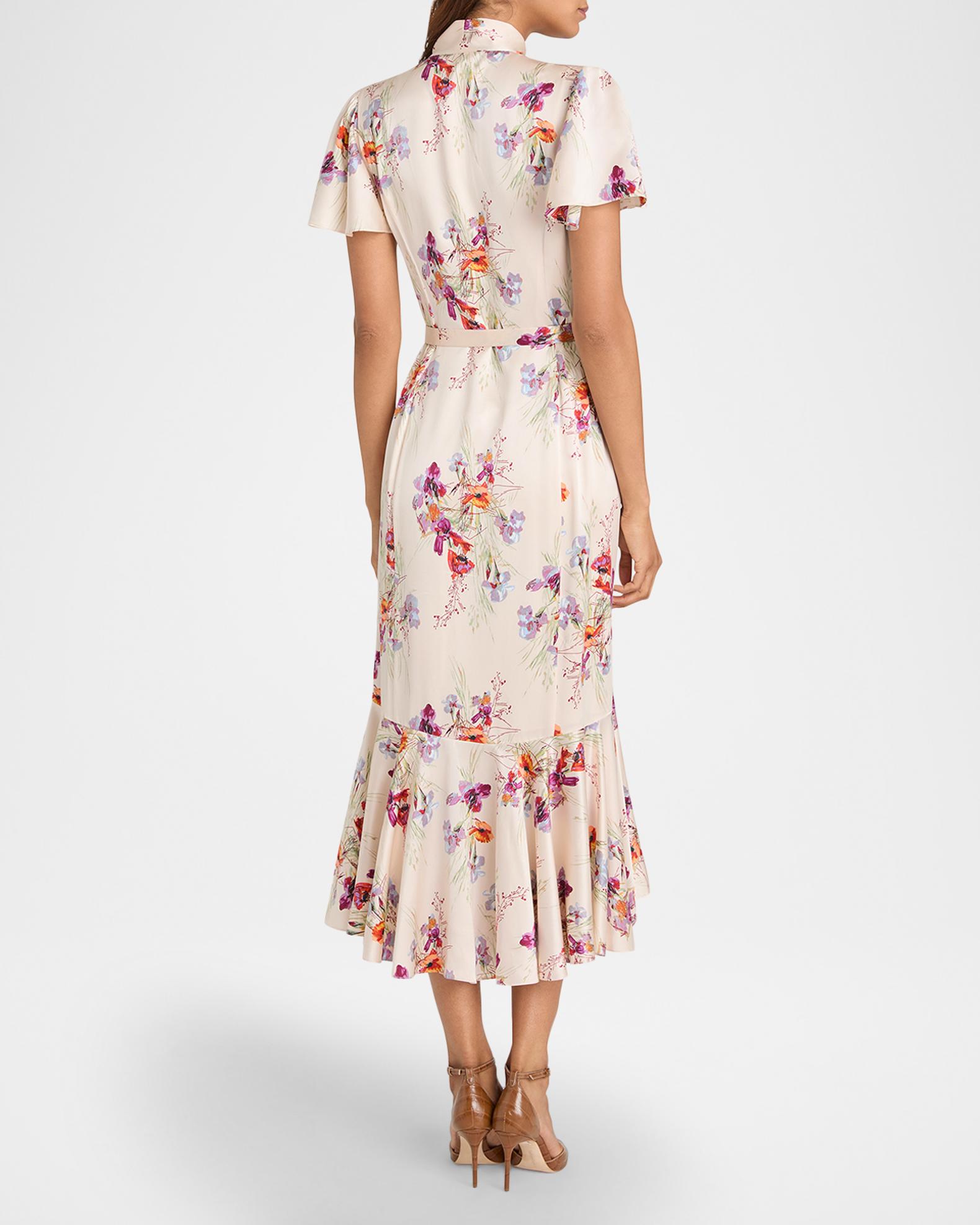 Cinq a Sept Willow Satin Iris Bouquet Midi Dress | Neiman Marcus