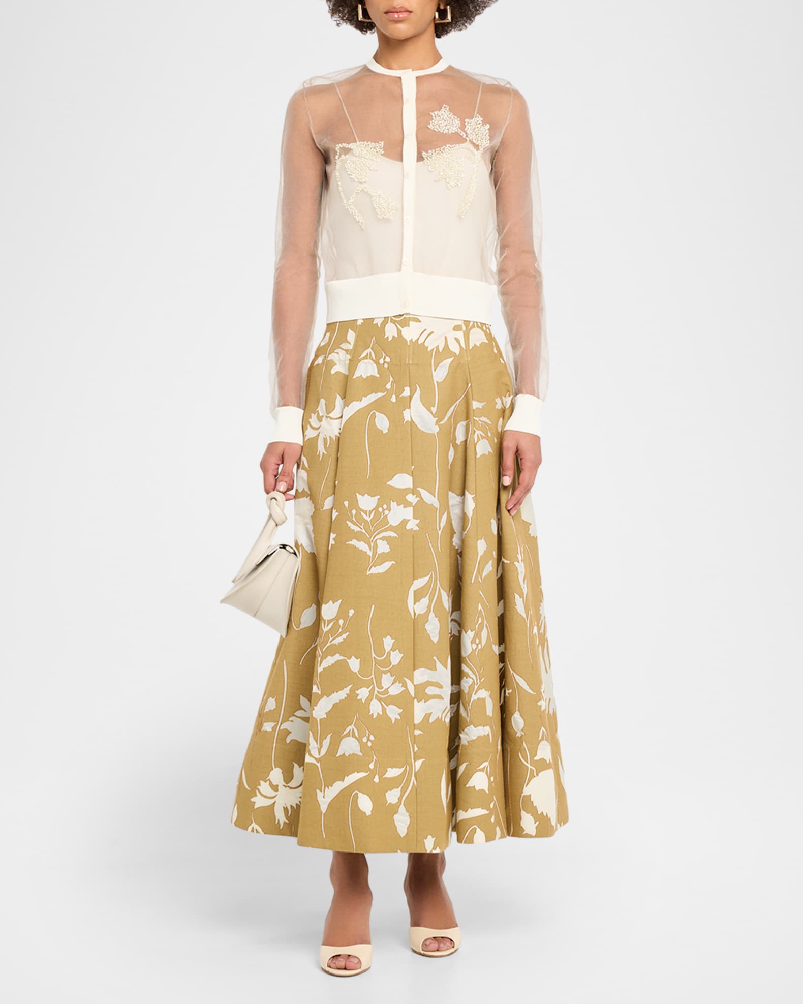 Lela Rose Sheer Floral Jacquard Fit-And-Flare Midi Skirt | Neiman