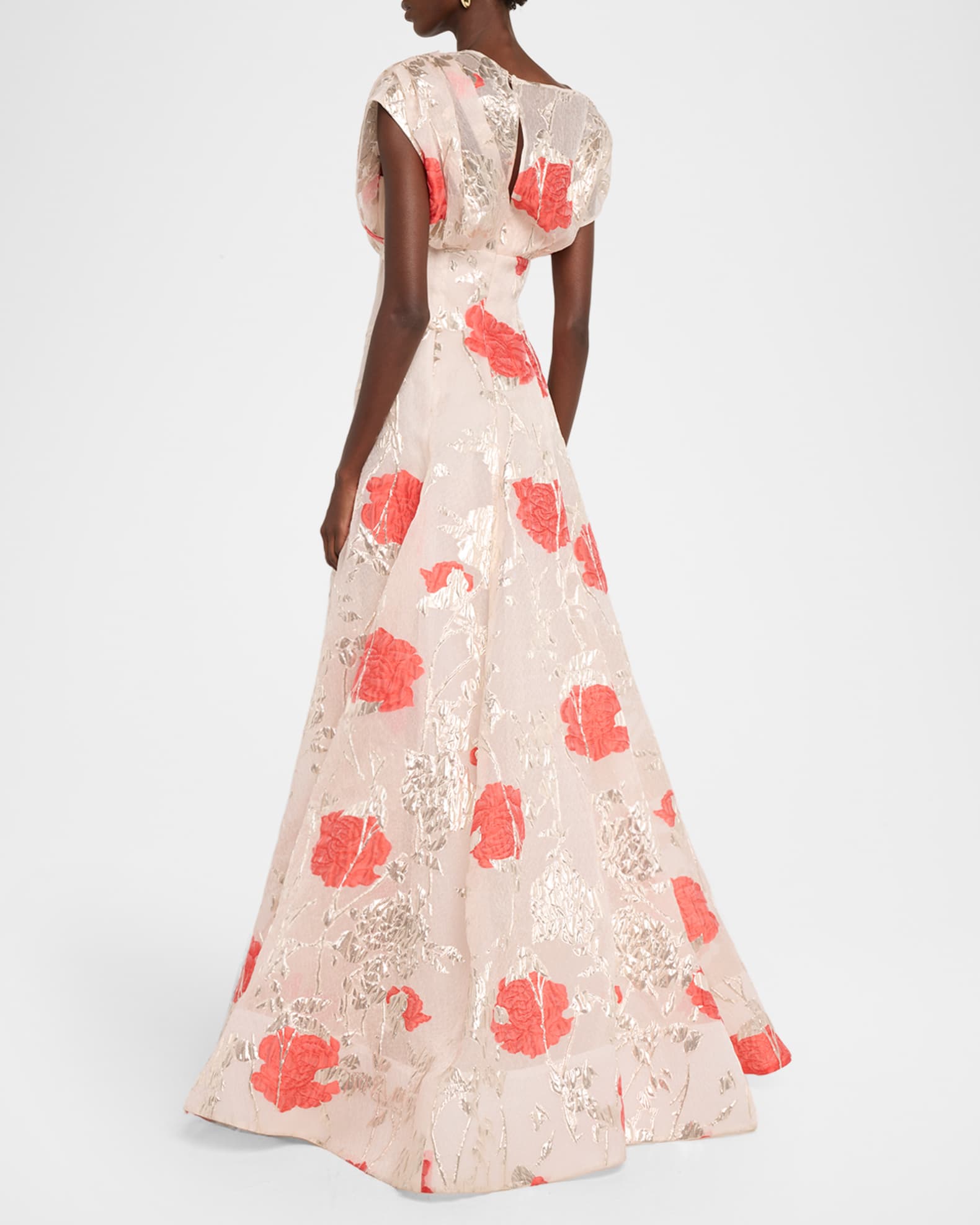 Lela Rose Metallic Floral Fil Coupe Cap-Sleeve Gown | Neiman Marcus