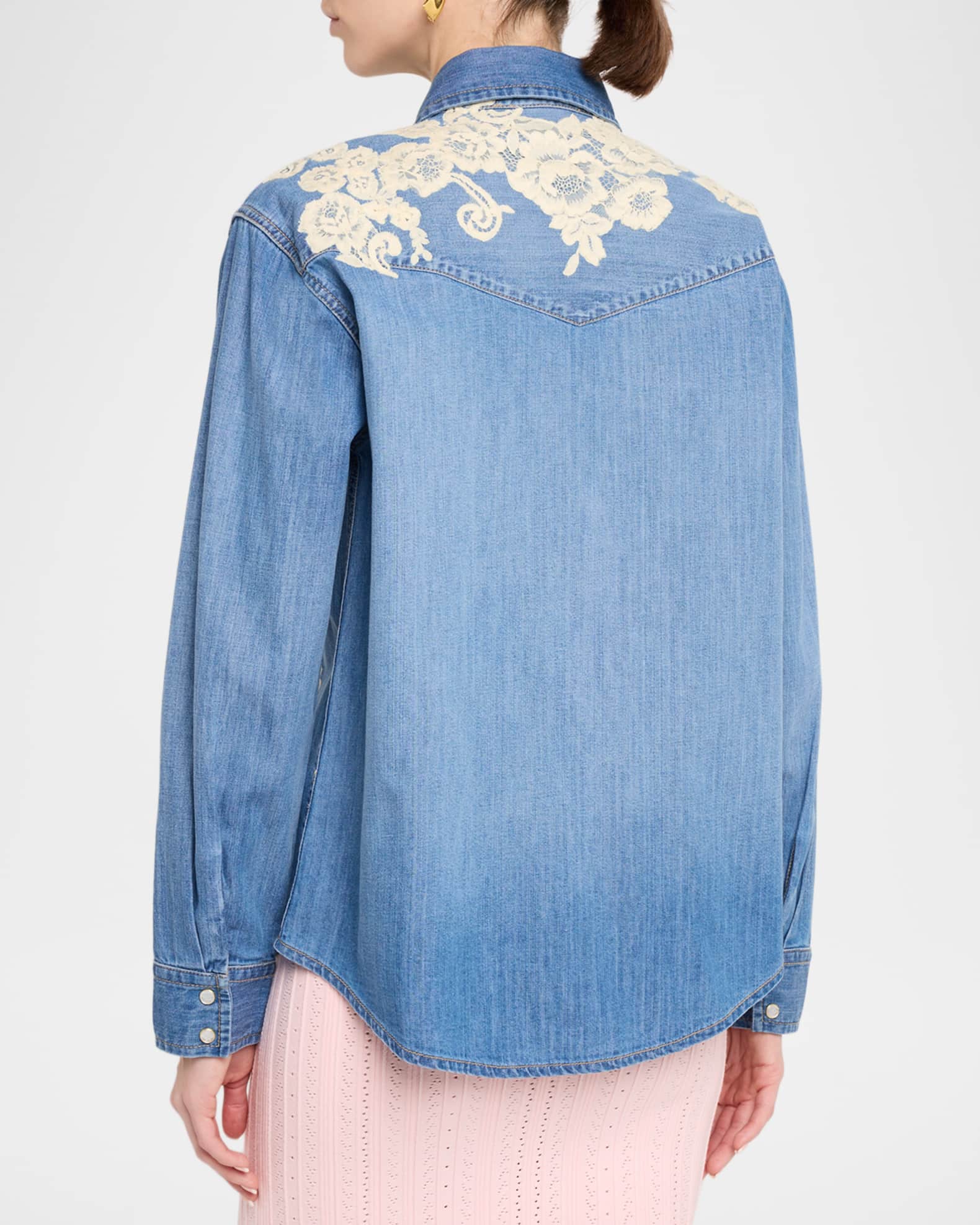 LoveShackFancy Kelith Floral Embroidered Denim Shirt | Neiman Marcus