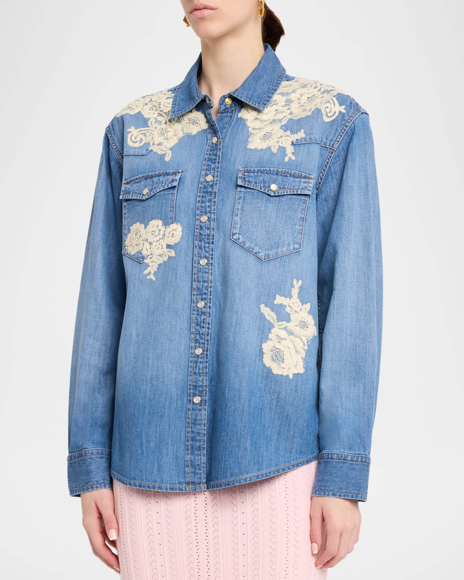 LoveShackFancy Kelith Floral Embroidered Denim Shirt | Neiman Marcus