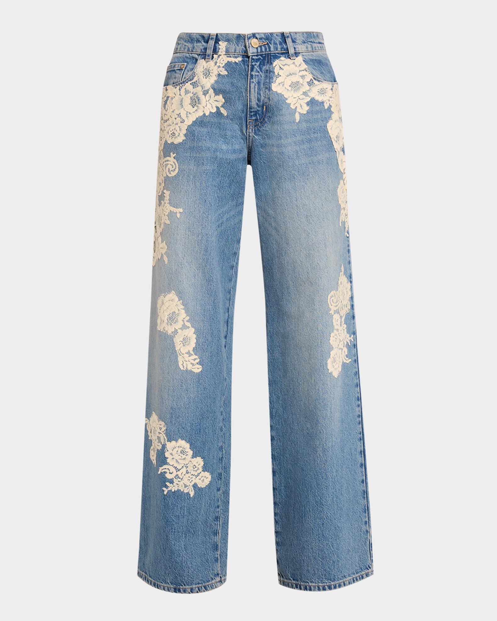 LoveShackFancy Bambie Lace Applique Jeans | Neiman Marcus