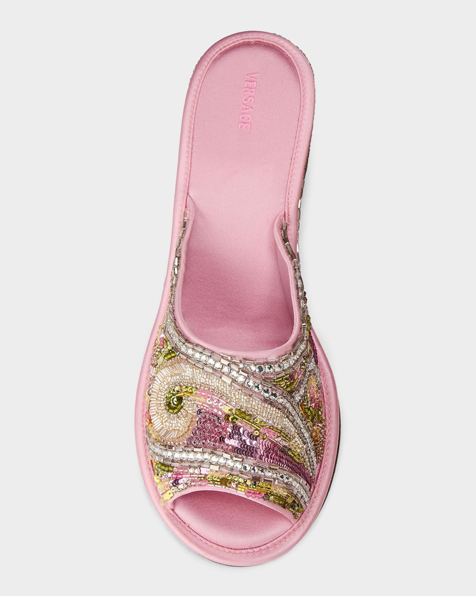 Versace 50mm Beaded Satin Peep-Toe Wedge Mules | Neiman Marcus