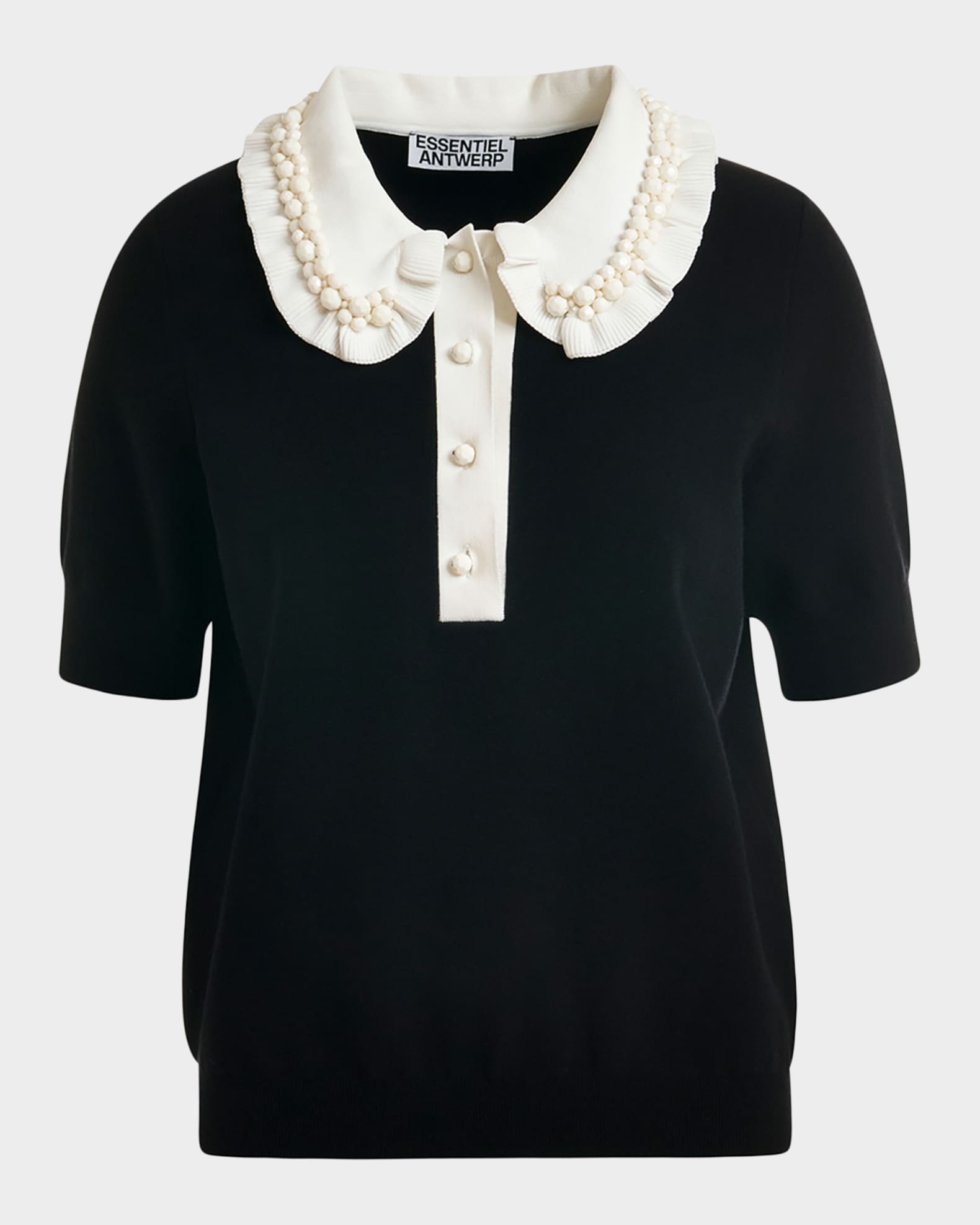 Essentiel Antwerp Ruffle Fine-Knit Polo Top with Bead