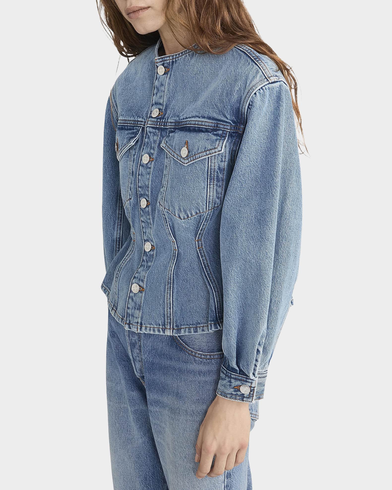 新品デニムジャケットMANY PATCHED COLLARLESS JACKET FRAME The Nipped Collarless Jacket | Neiman Marcus