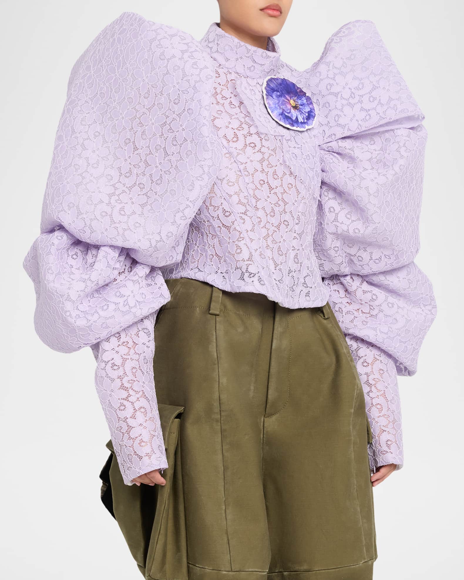 Marc Jacobs Runway Bonded Lace Puff-Sleeve Crop Top | Neiman Marcus