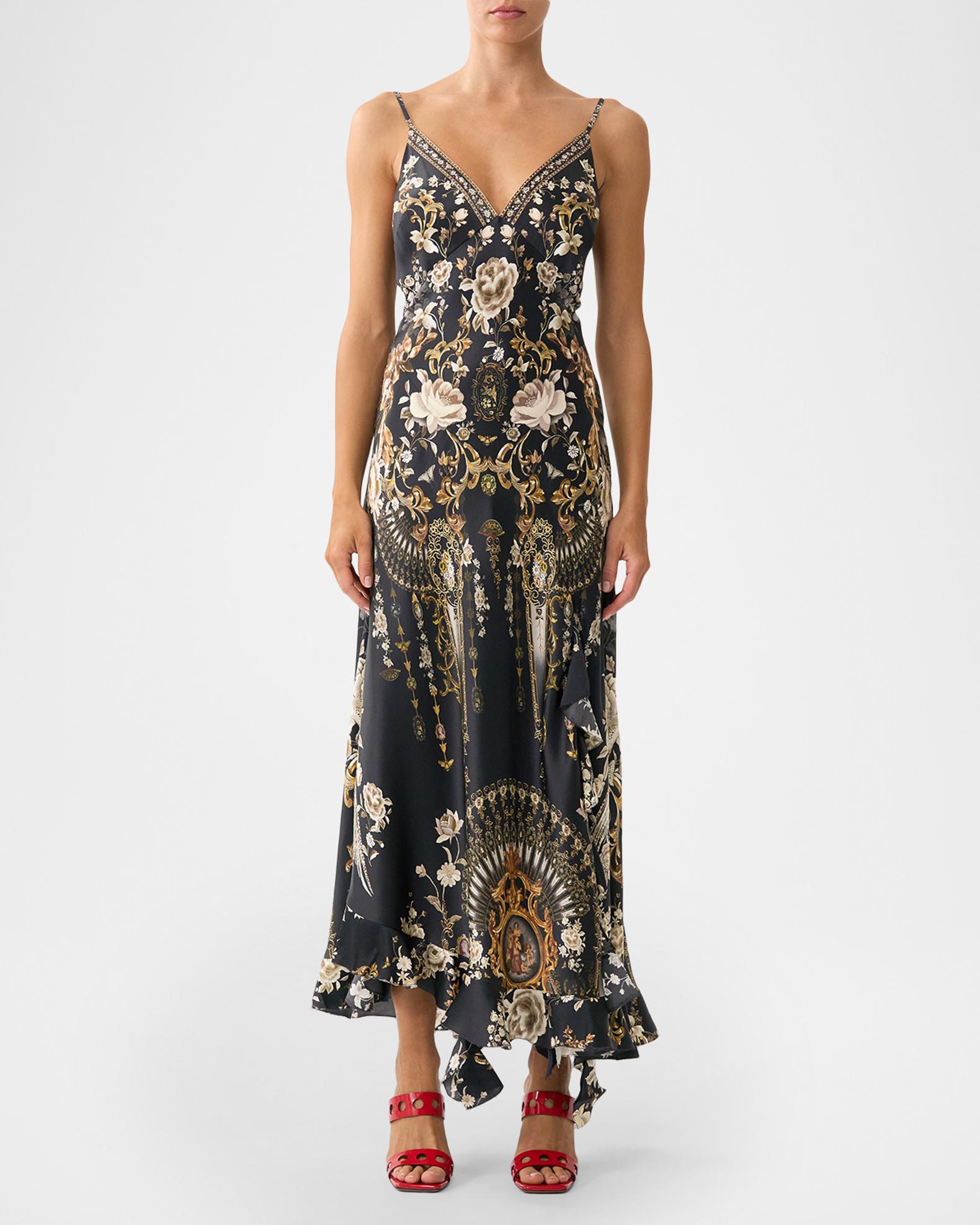 Camilla Flamenco Folklore Bias Slip Dress with Frill Hem | Neiman