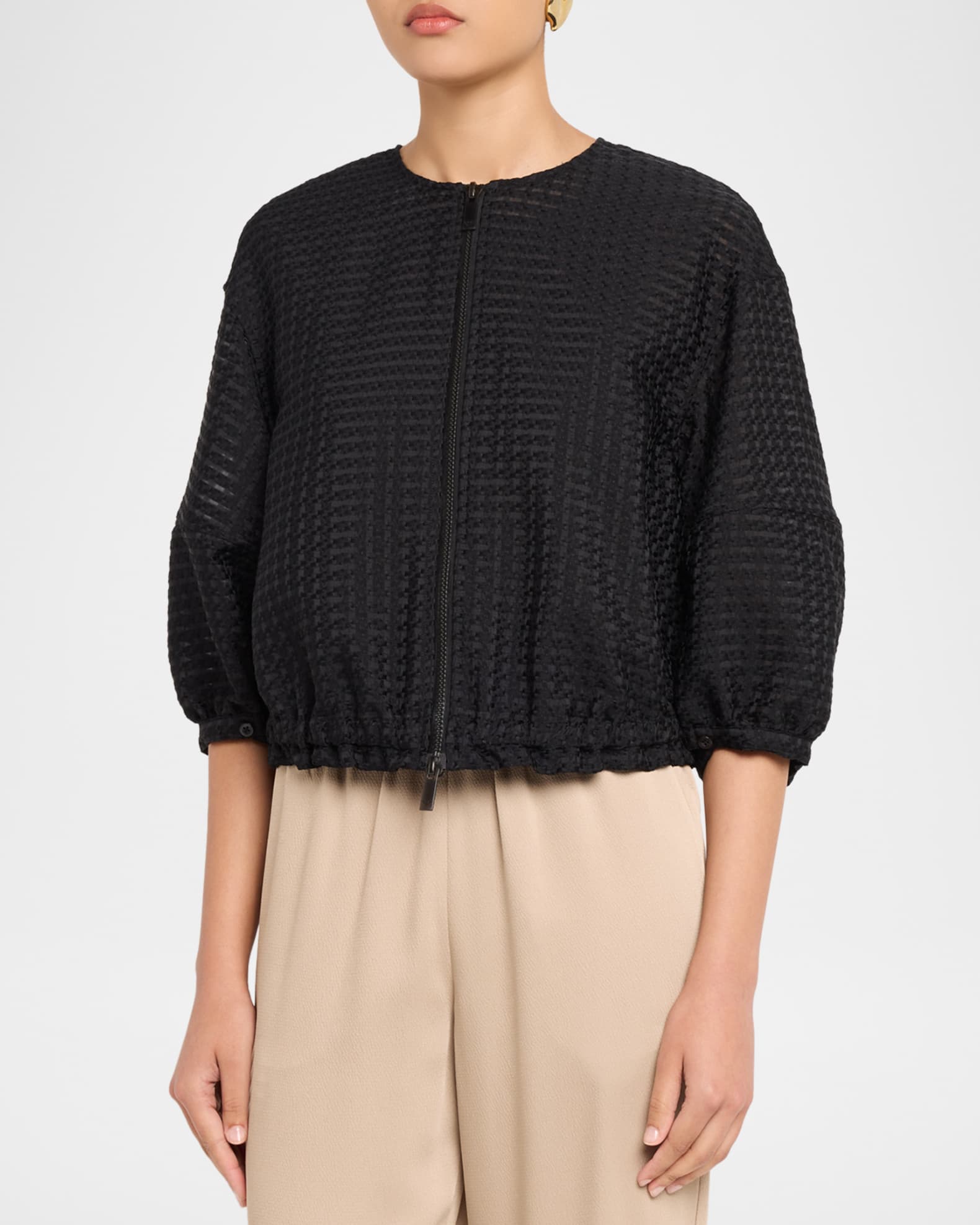 Emporio Armani Cropped Gingham Jacquard Blouson Jacket | Neiman Marcus