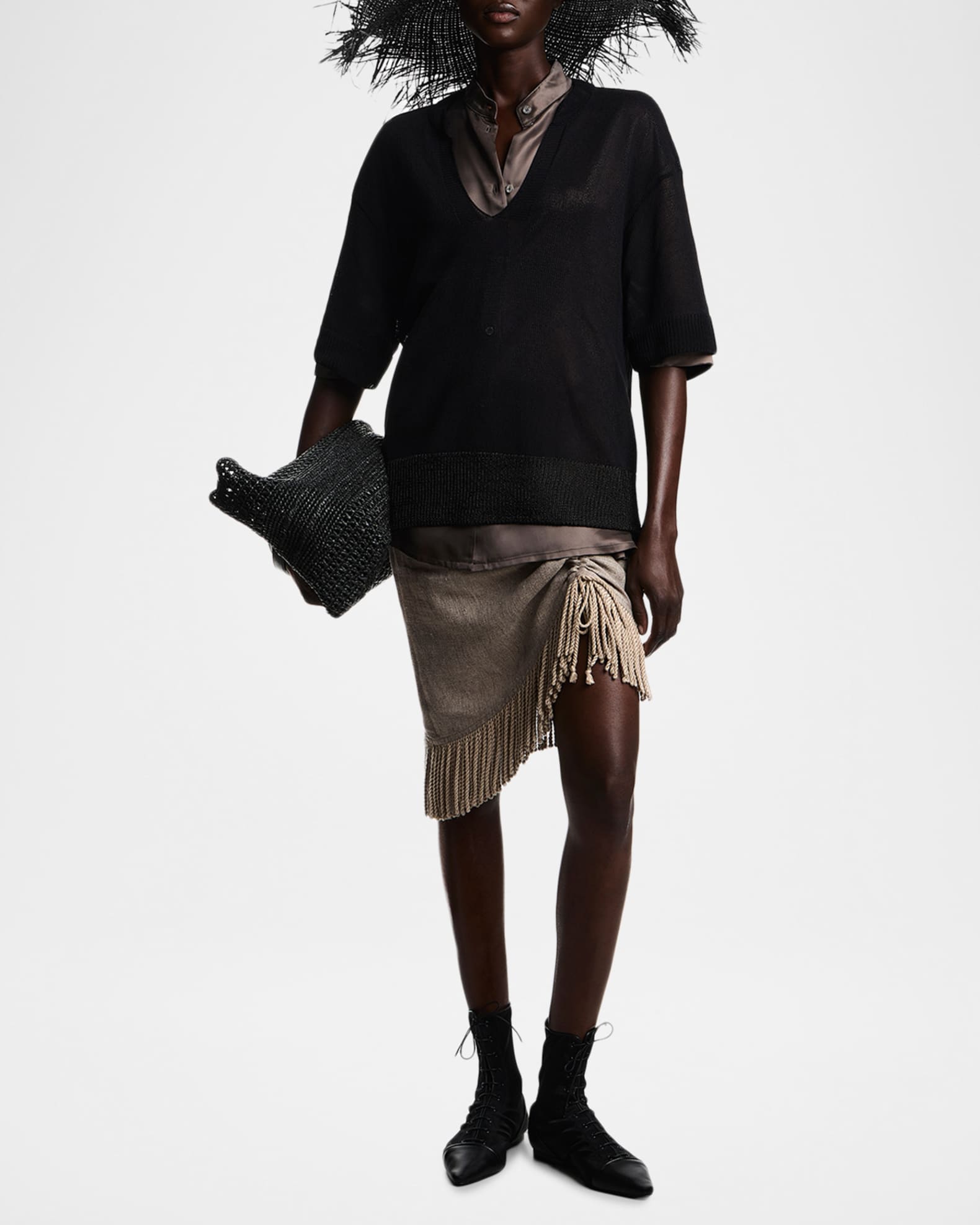 Emporio Armani Asymmetric Fringe-Trim Linen Skirt | Neiman Marcus