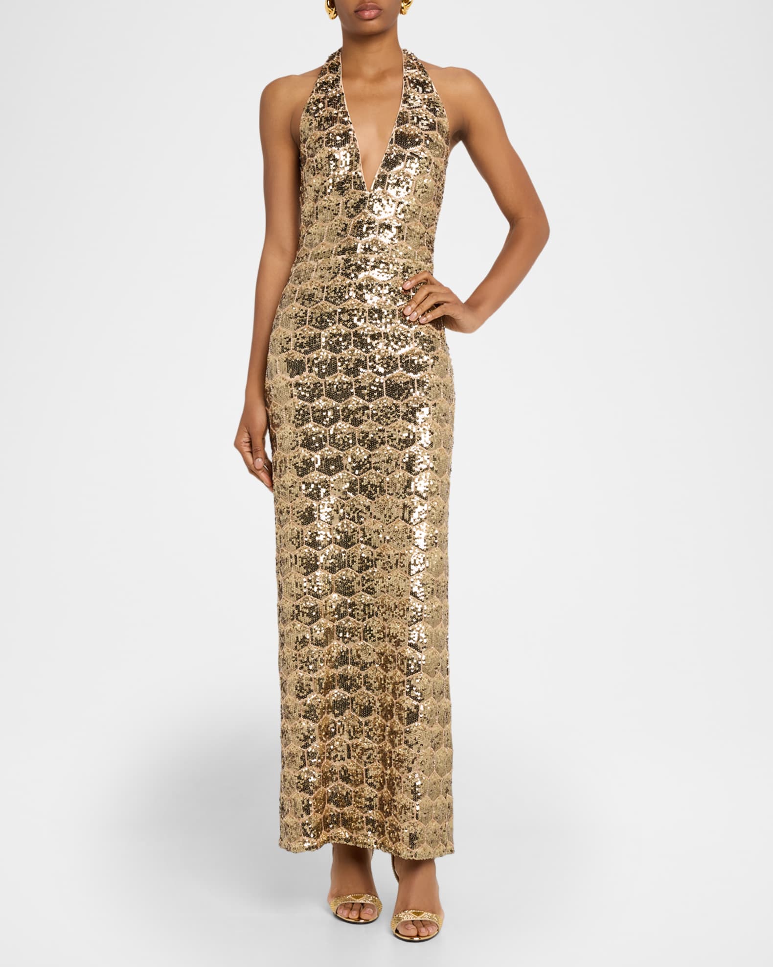 Ramy Brook Shauna Backless Geometric Sequin Halter Gown | Neiman Marcus