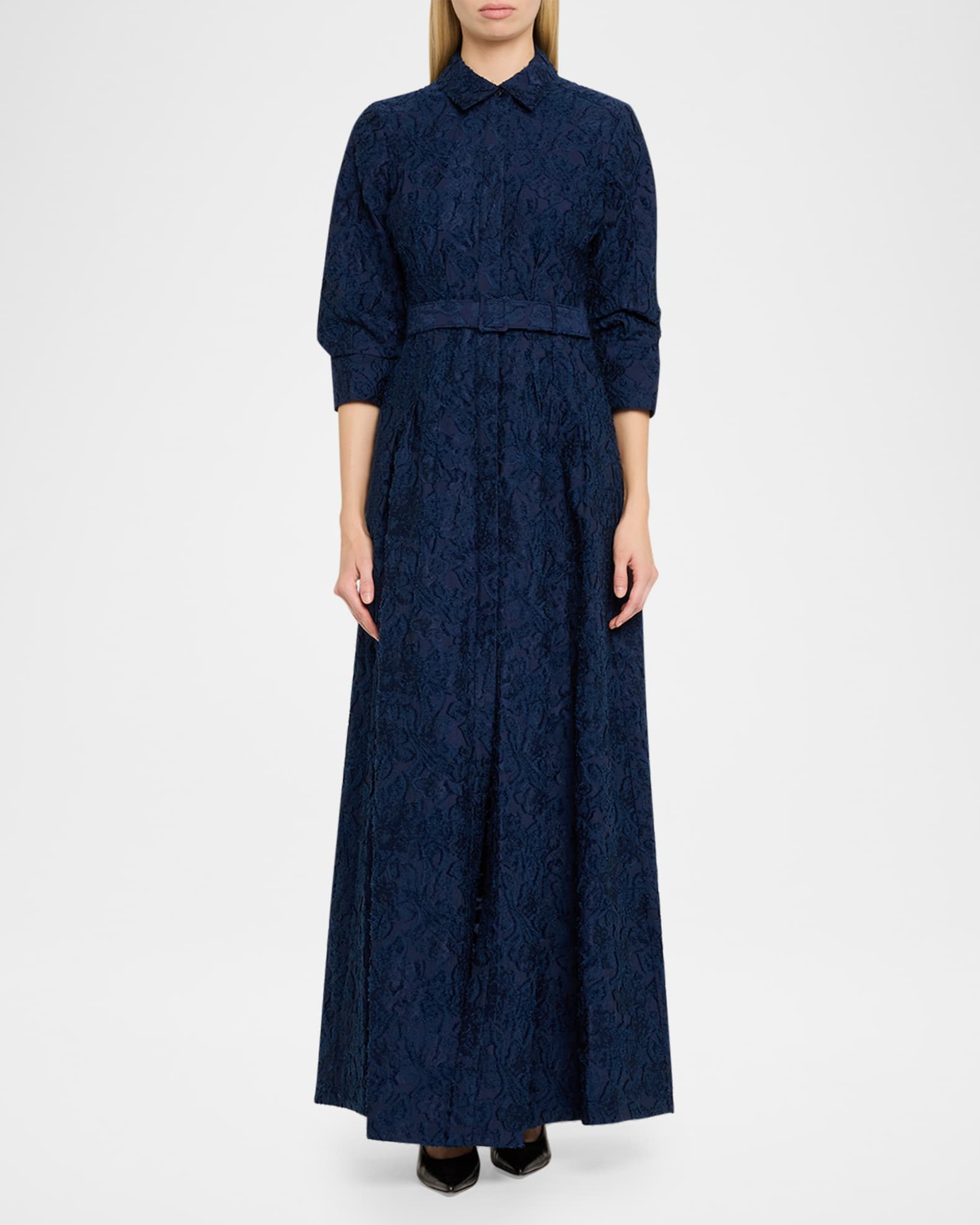 SIMKHAI Courtney Belted Organza Jacquard Gown | Neiman Marcus
