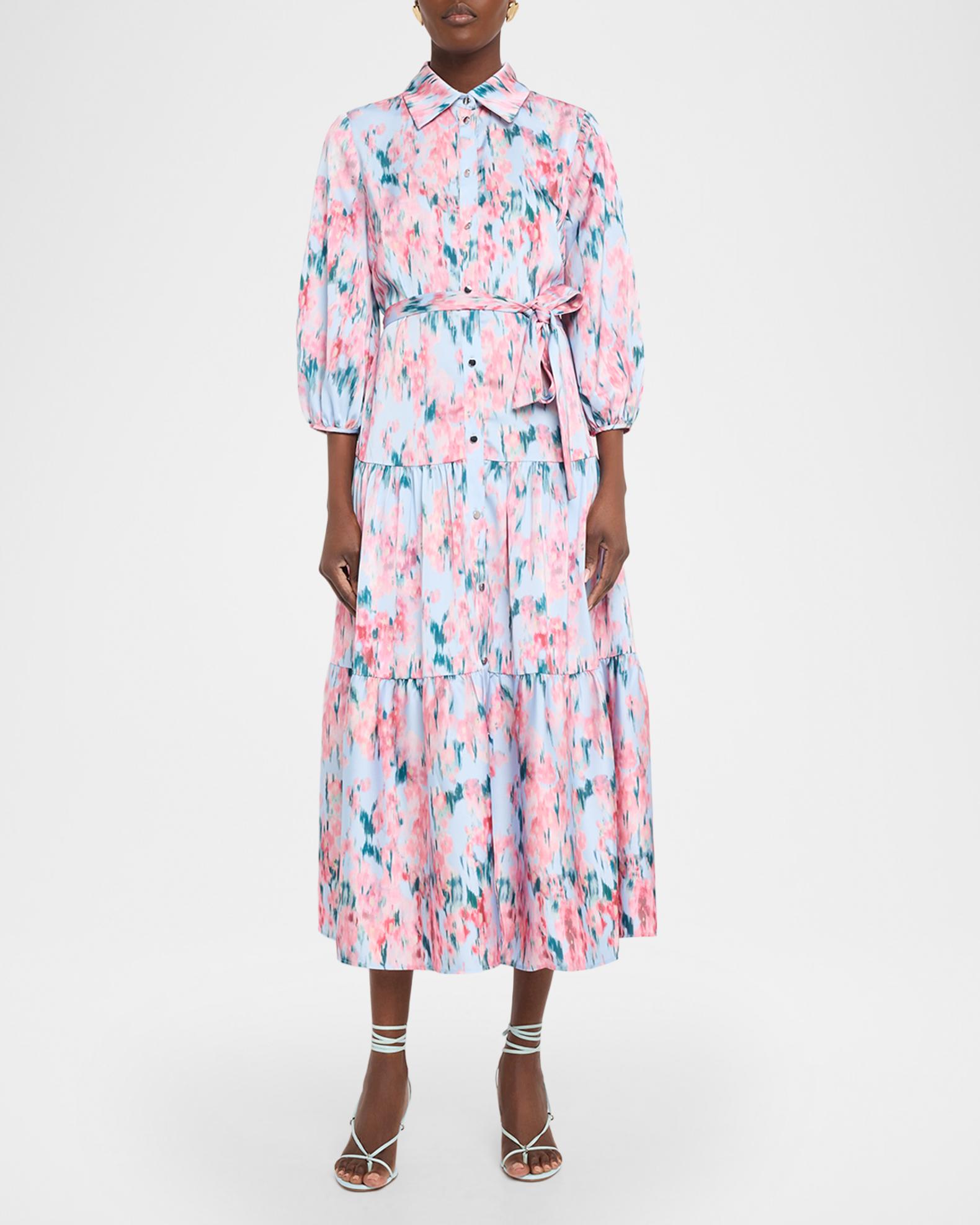 Misook Women's Floral Crepe de Chine Tiered Maxi Dress - Pink Parfait Multi