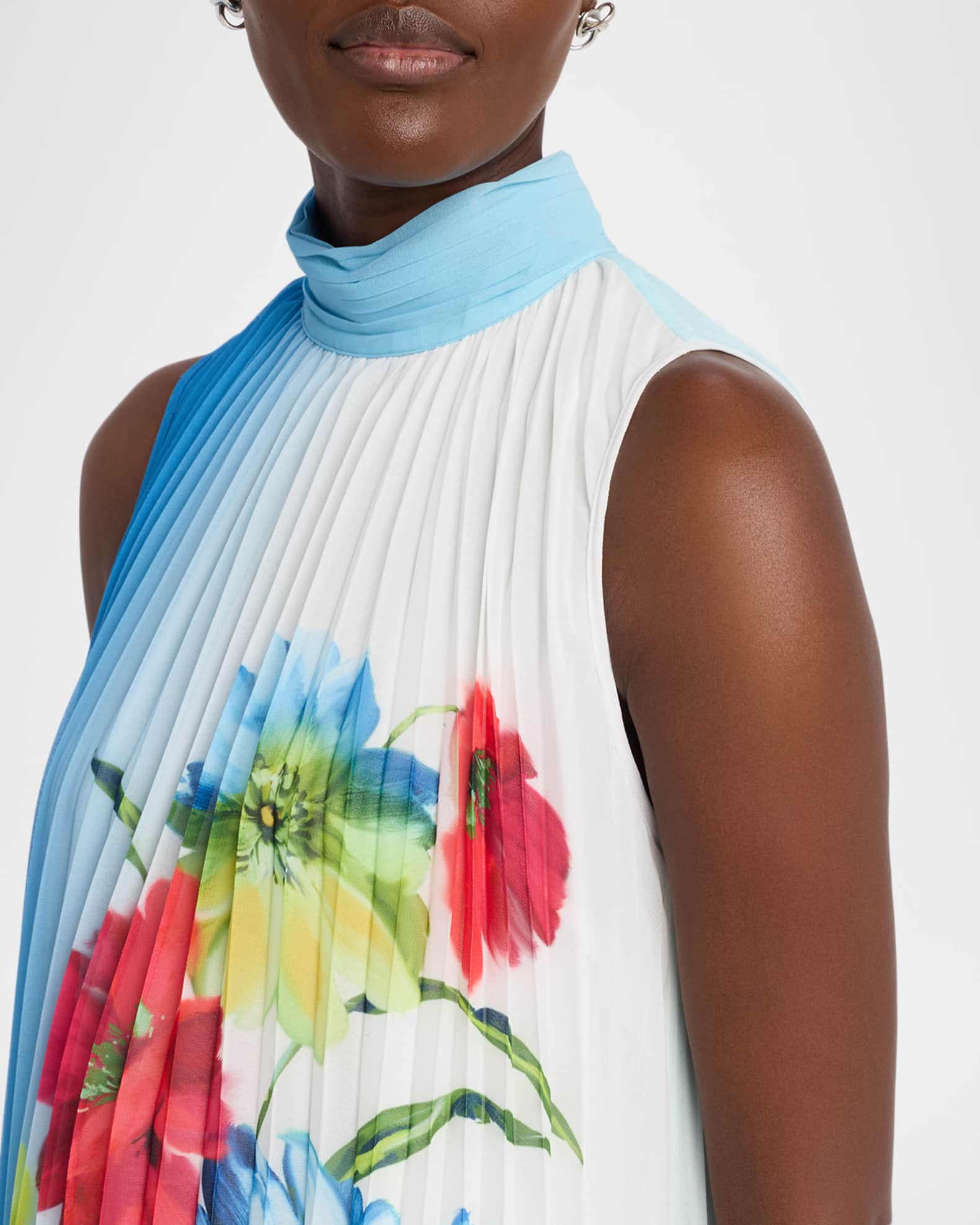 Elie Tahari Reilley Sleeveless Pleated Floral-Print Midi Dress