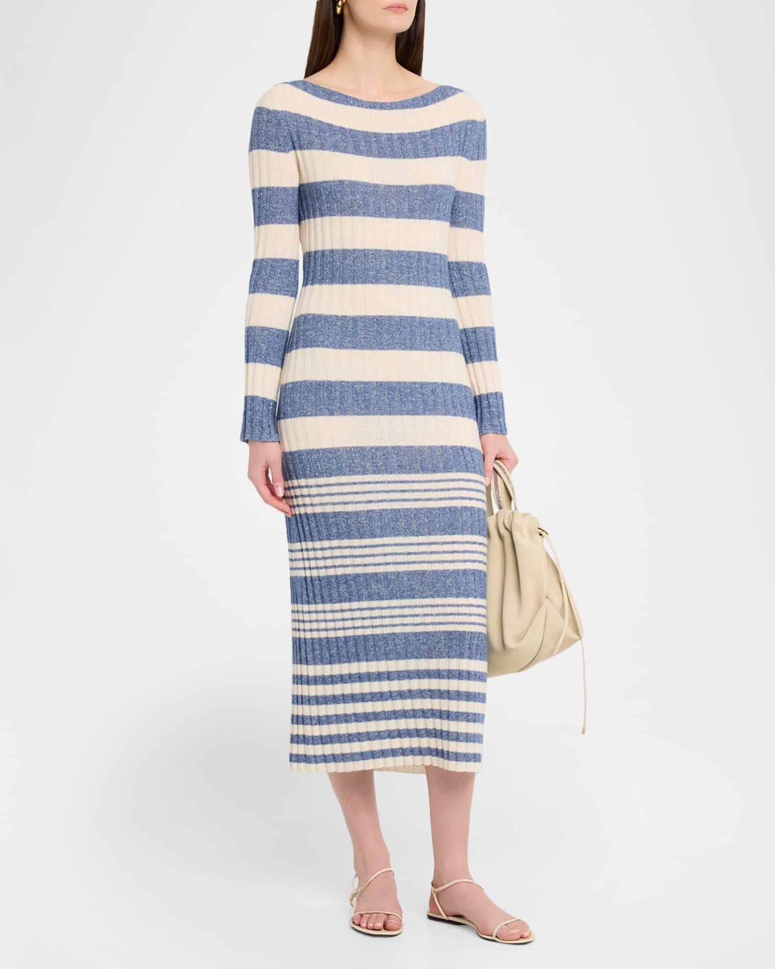 Guest in Residence Striped Rib Cashmere-Linen Midi Dress | Neiman Marcus