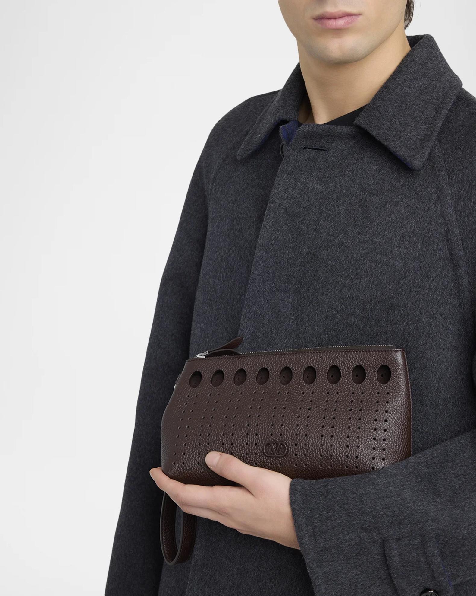 Valentino Garavani Men's Perforated Leather Zip Pouch | Neiman Marcus