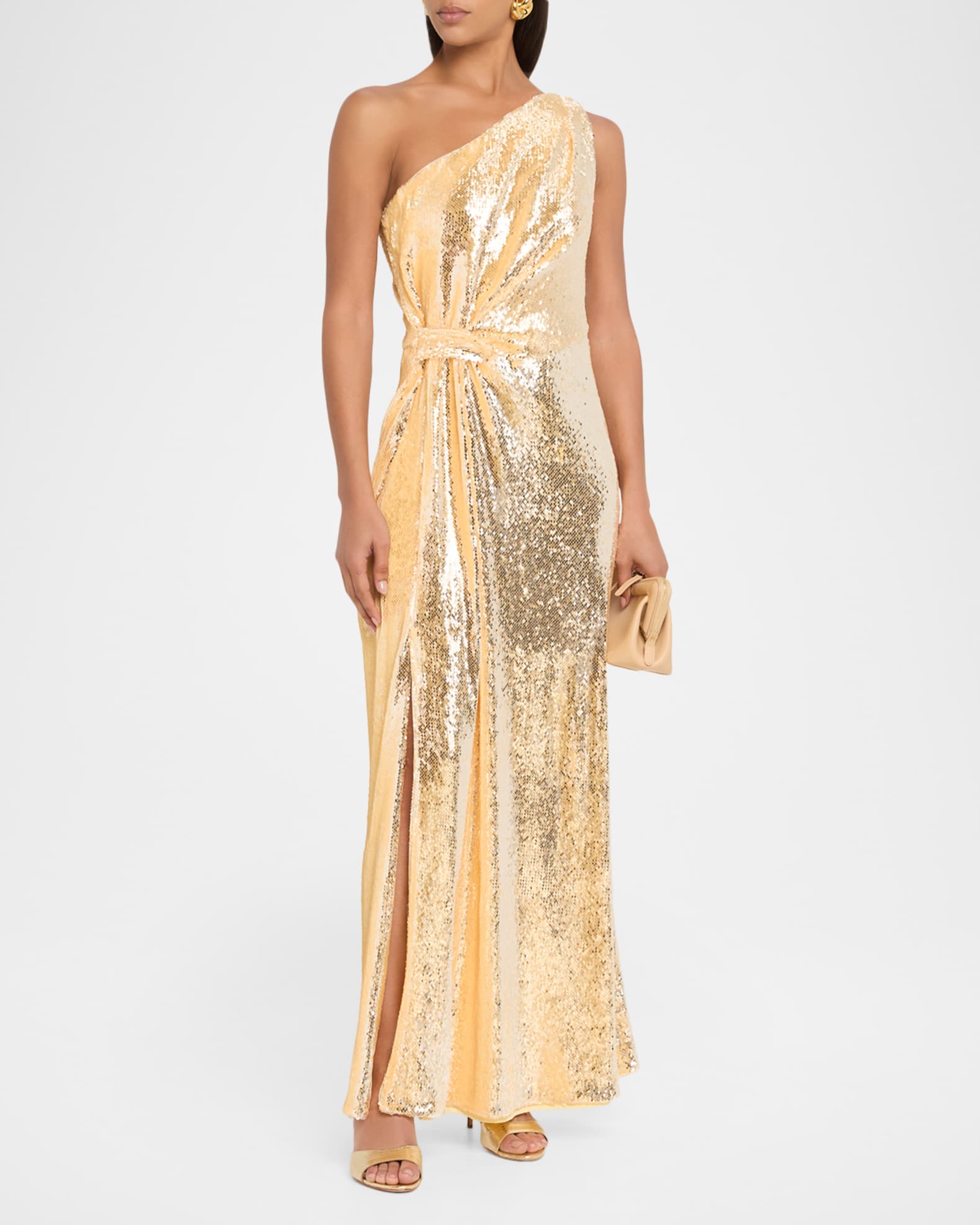 gold one shoulder sequin dress Gold One Sleeve Sequin Mini Dress main image 0