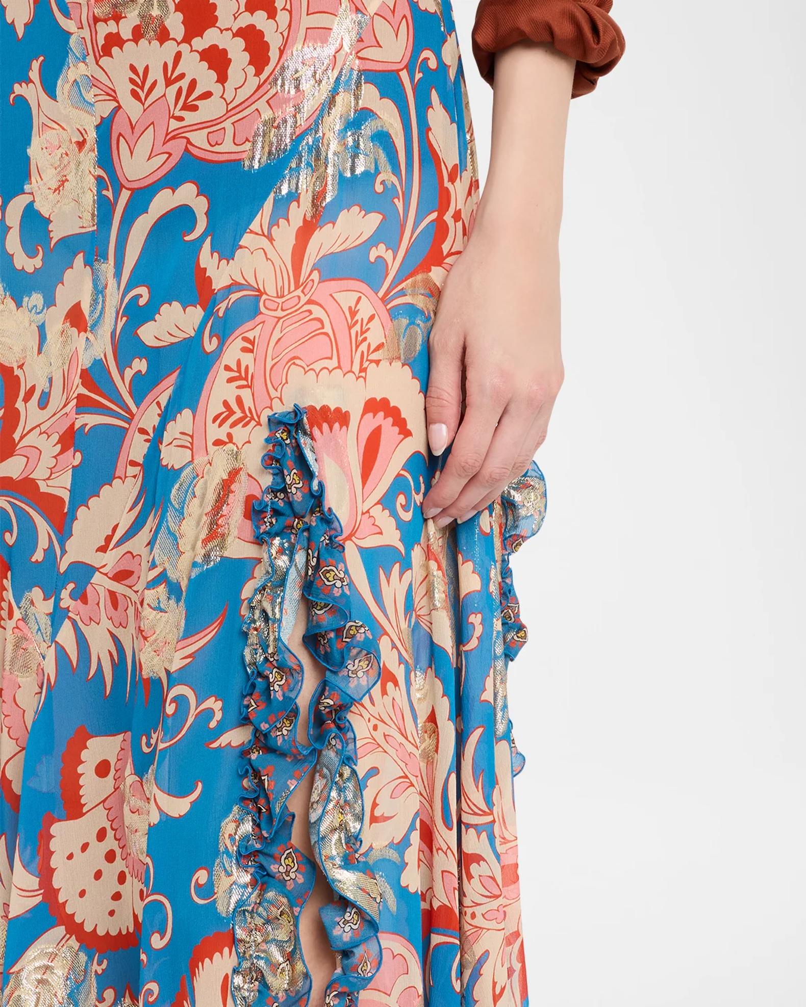 Etro Ruffled Slit Metallic Silk Maxi Skirt | Neiman Marcus