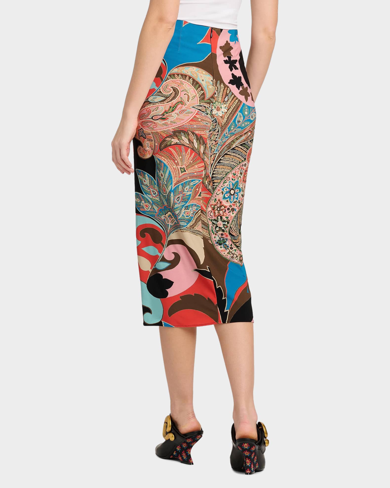 Etro Paisley-Print Draped Jersey Midi Skirt | Neiman Marcus
