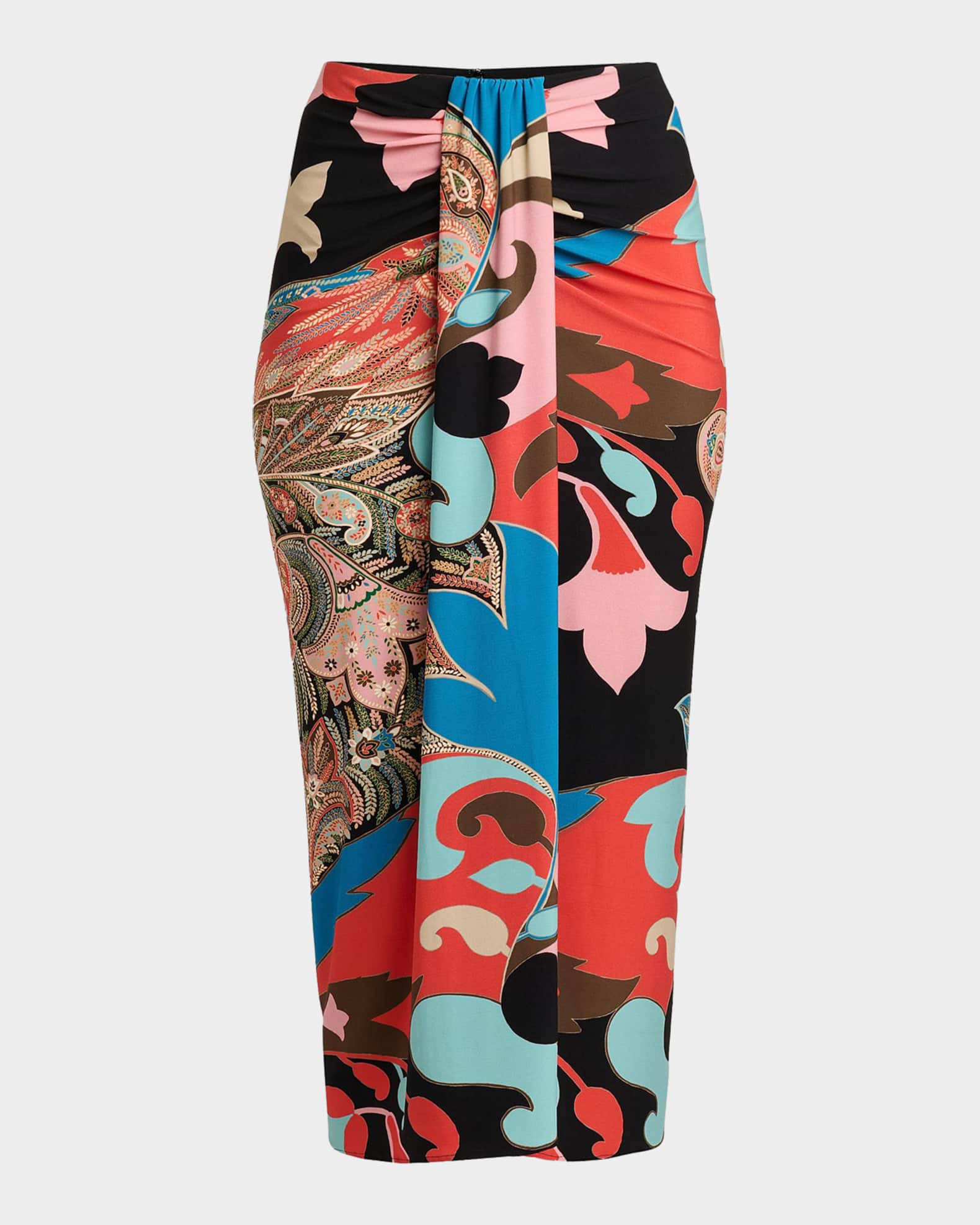 Etro Paisley-Print Draped Jersey Midi Skirt | Neiman Marcus