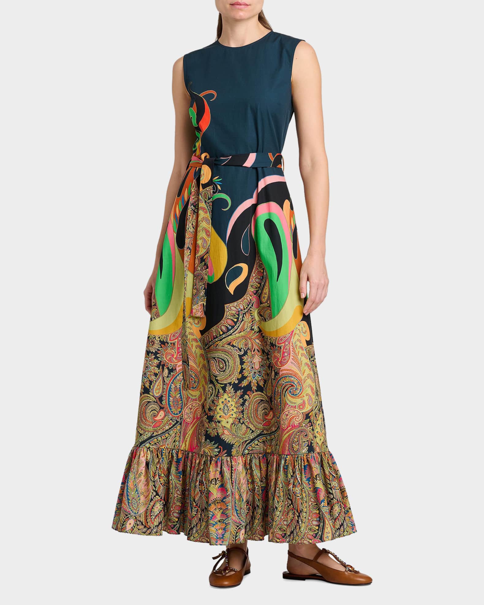 Etro Paisley Lotus Print Cotton Flounce Maxi Dress | Neiman Marcus