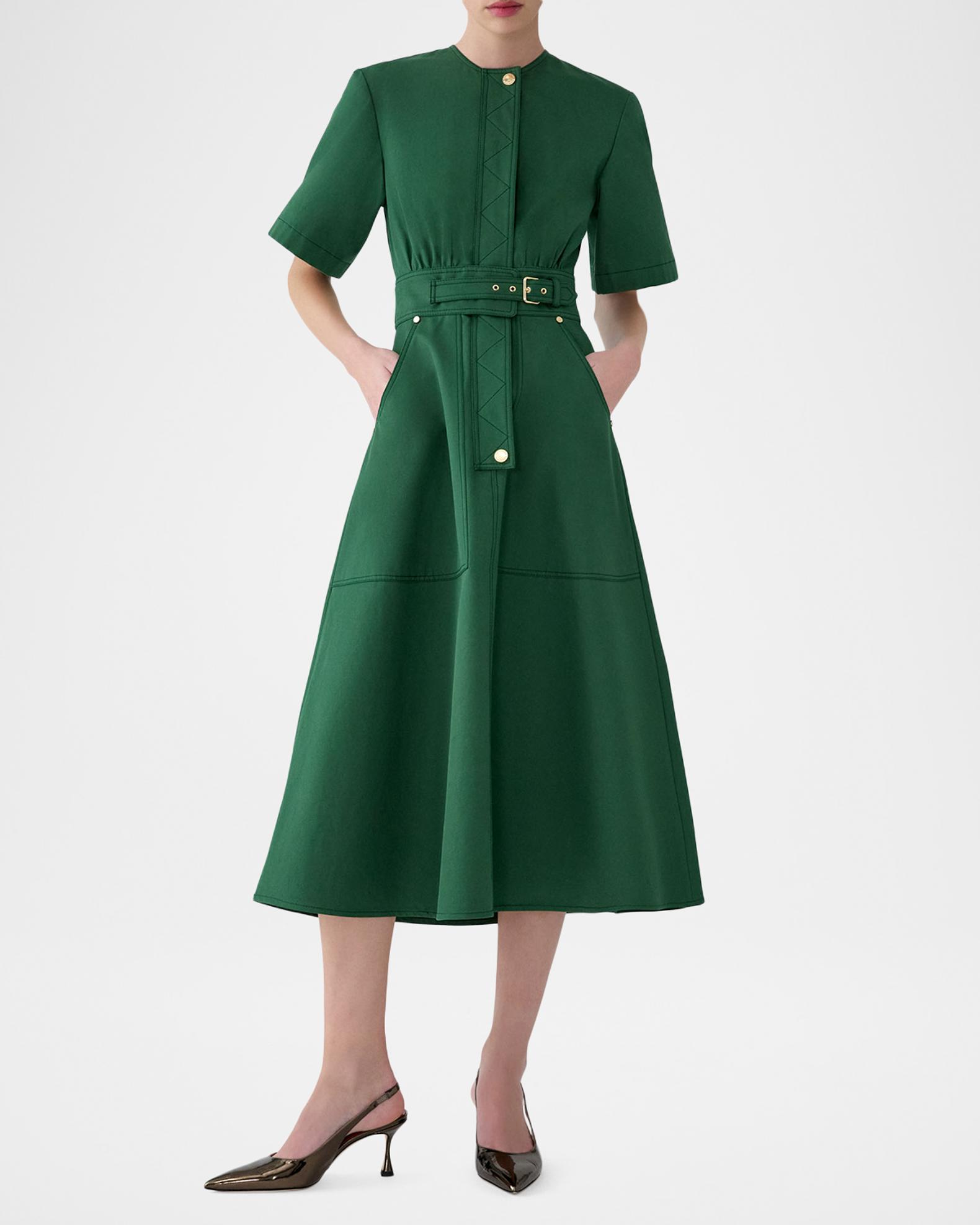 green dress carolina herrera Short-Sleeve Belted Cotton A-Line Midi Dress, Racing Green, Women's, 14 carolina herrera outfits
