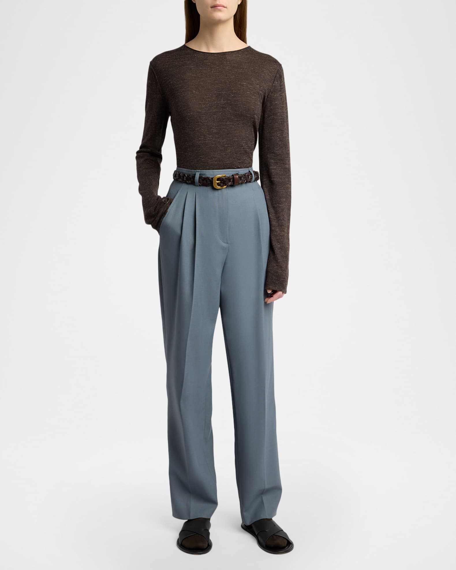 THE ROW Nile Cashmere, Silk, and Linen Long-Sleeve Top | Neiman Marcus