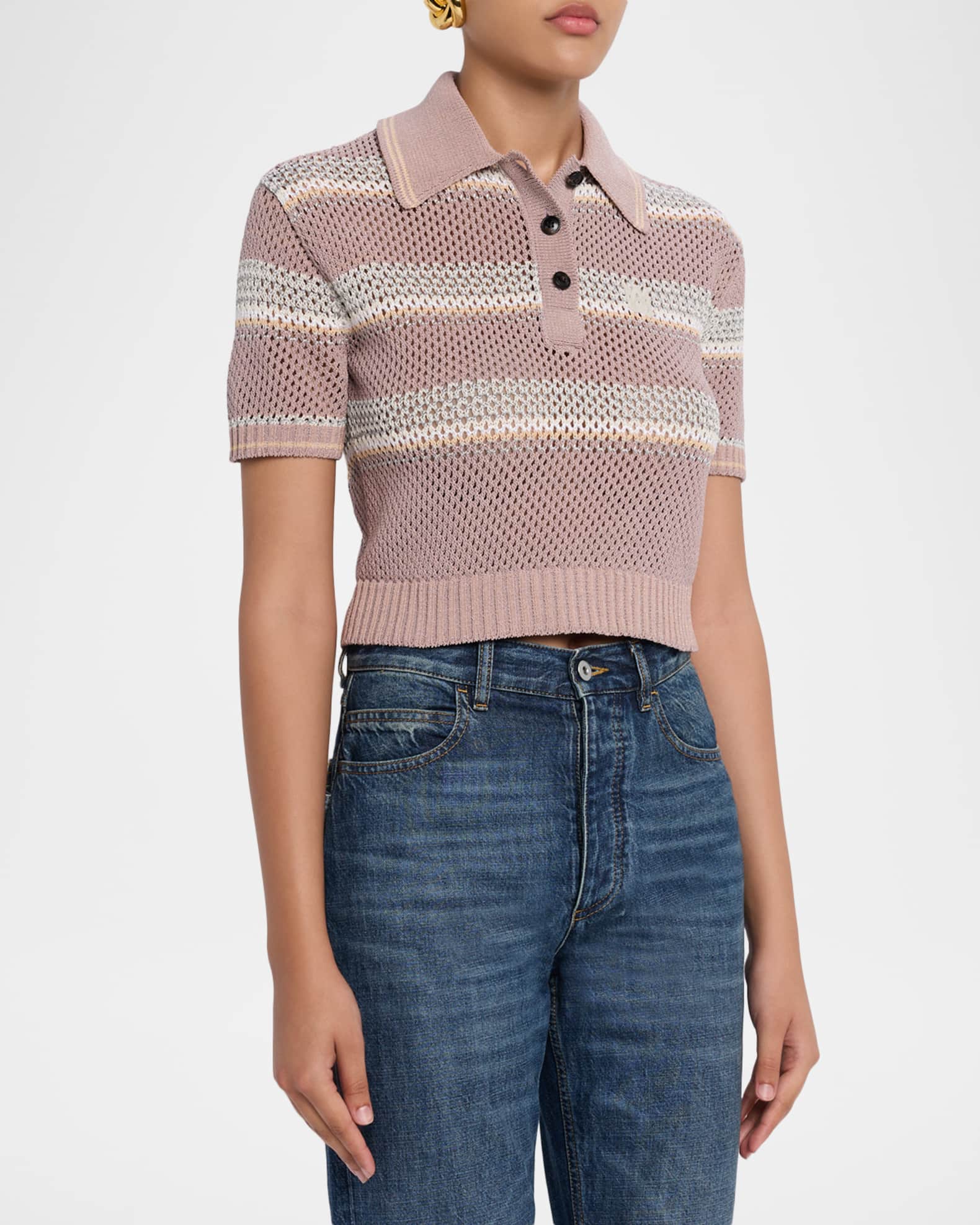 Amiri Striped Crochet Crop Polo Shirt | Neiman Marcus