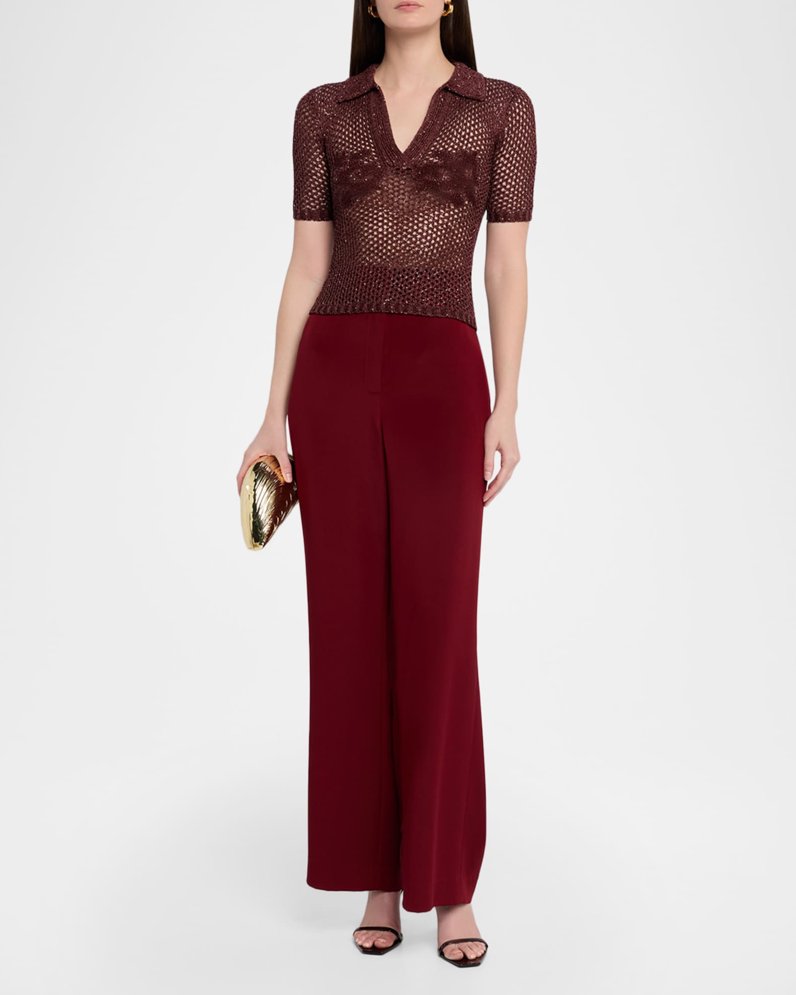 Amiri Metallic Floral Crochet Short-Sleeve Polo Top | Neiman Marcus