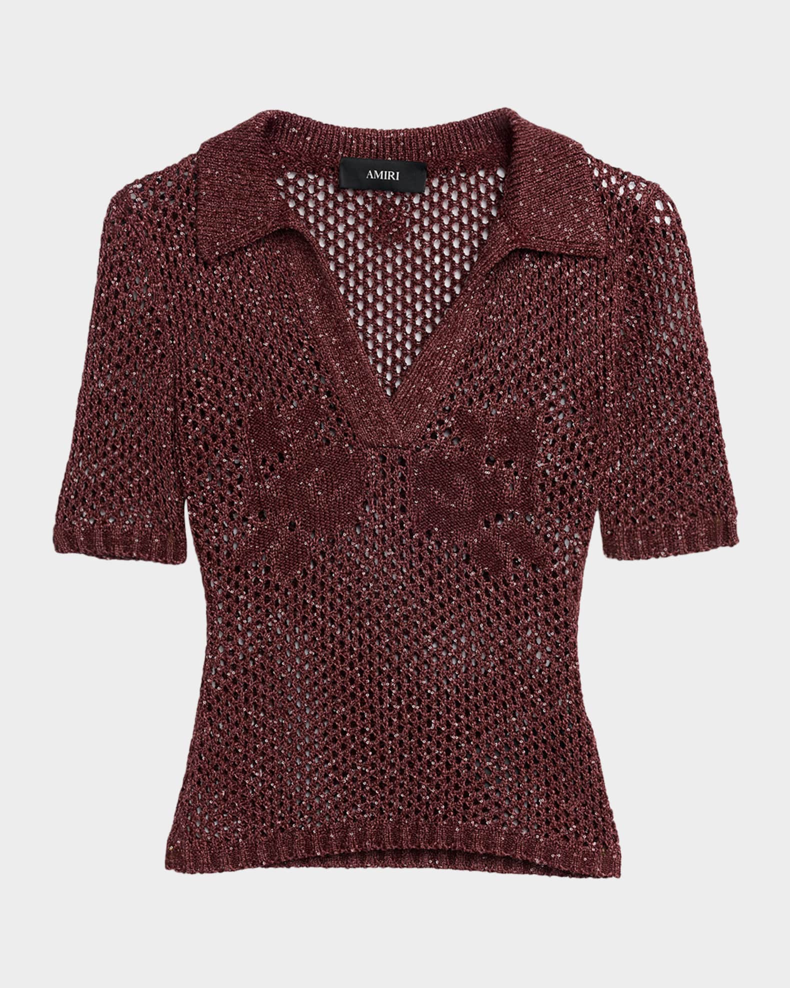 Amiri Metallic Floral Crochet Short-Sleeve Polo Top | Neiman Marcus