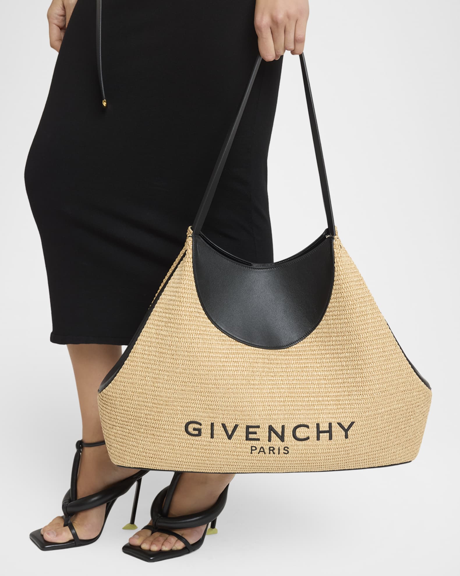 Givenchy Facet Medium Raffia & Leather Shoulder Bag | Neiman Marcus