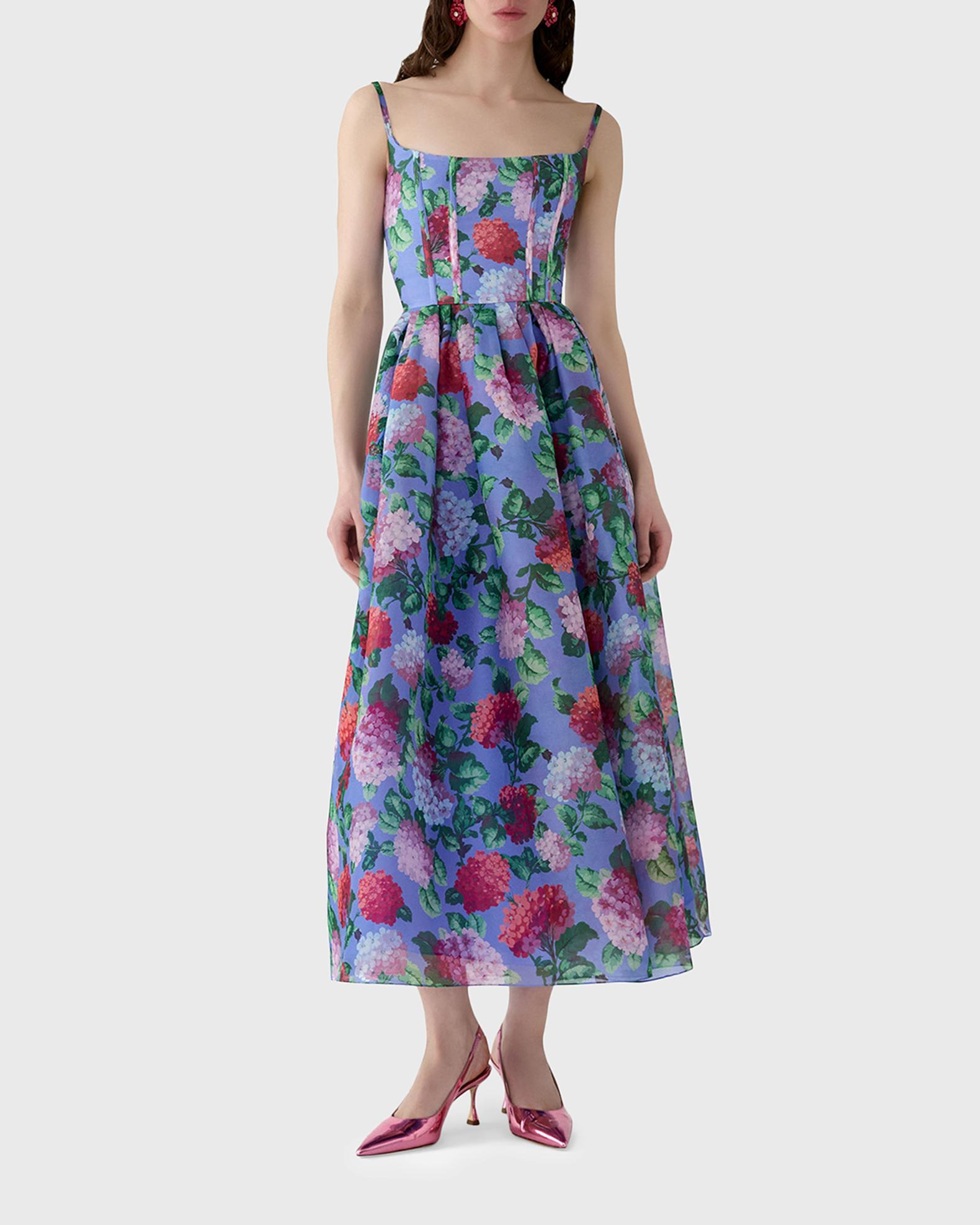 Carolina Herrera Hydrangea-Print Silk Organza Fit-and-Flare Midi